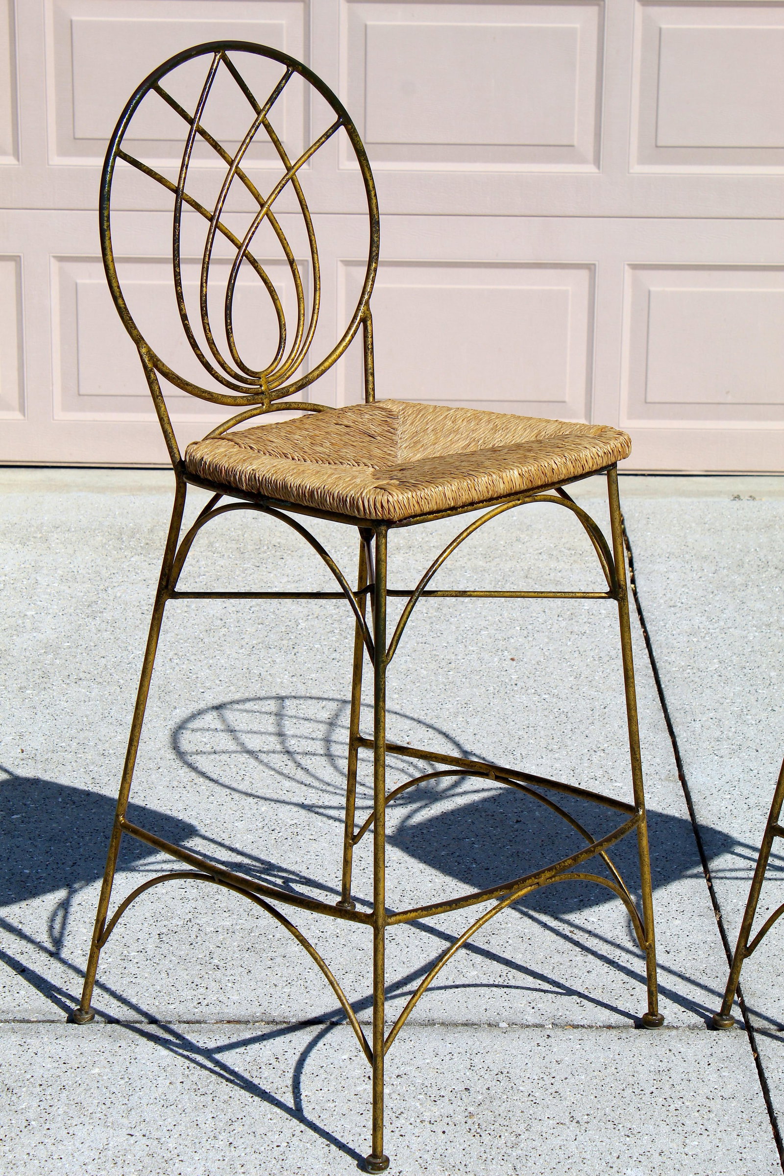 Vintage Gold Tone Cast Iron Bar Stools With Woven Rush Seats & Geometric Oval Backs - Set of 2 - 4