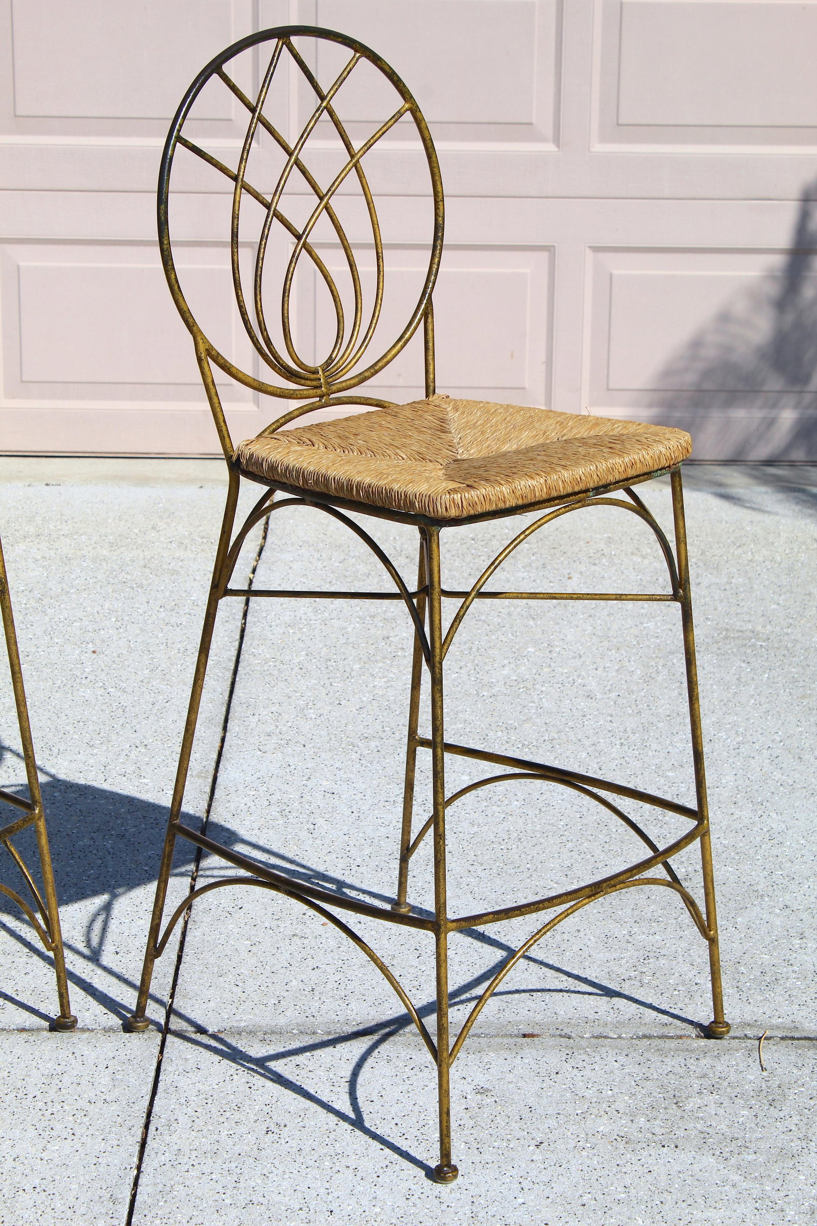 Vintage Gold Tone Cast Iron Bar Stools With Woven Rush Seats & Geometric Oval Backs - Set of 2 - 5