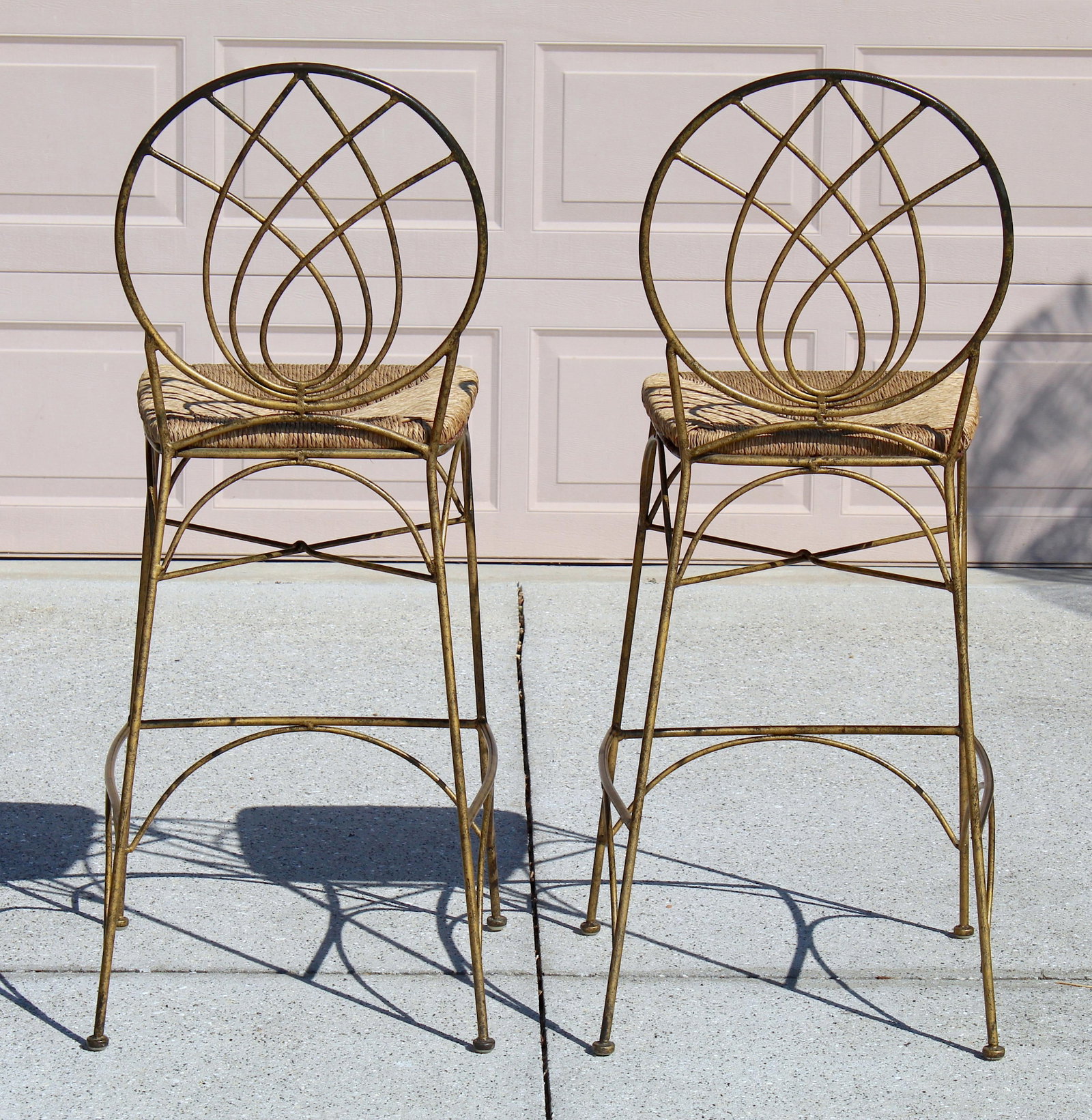 Vintage Gold Tone Cast Iron Bar Stools With Woven Rush Seats & Geometric Oval Backs - Set of 2 - 6