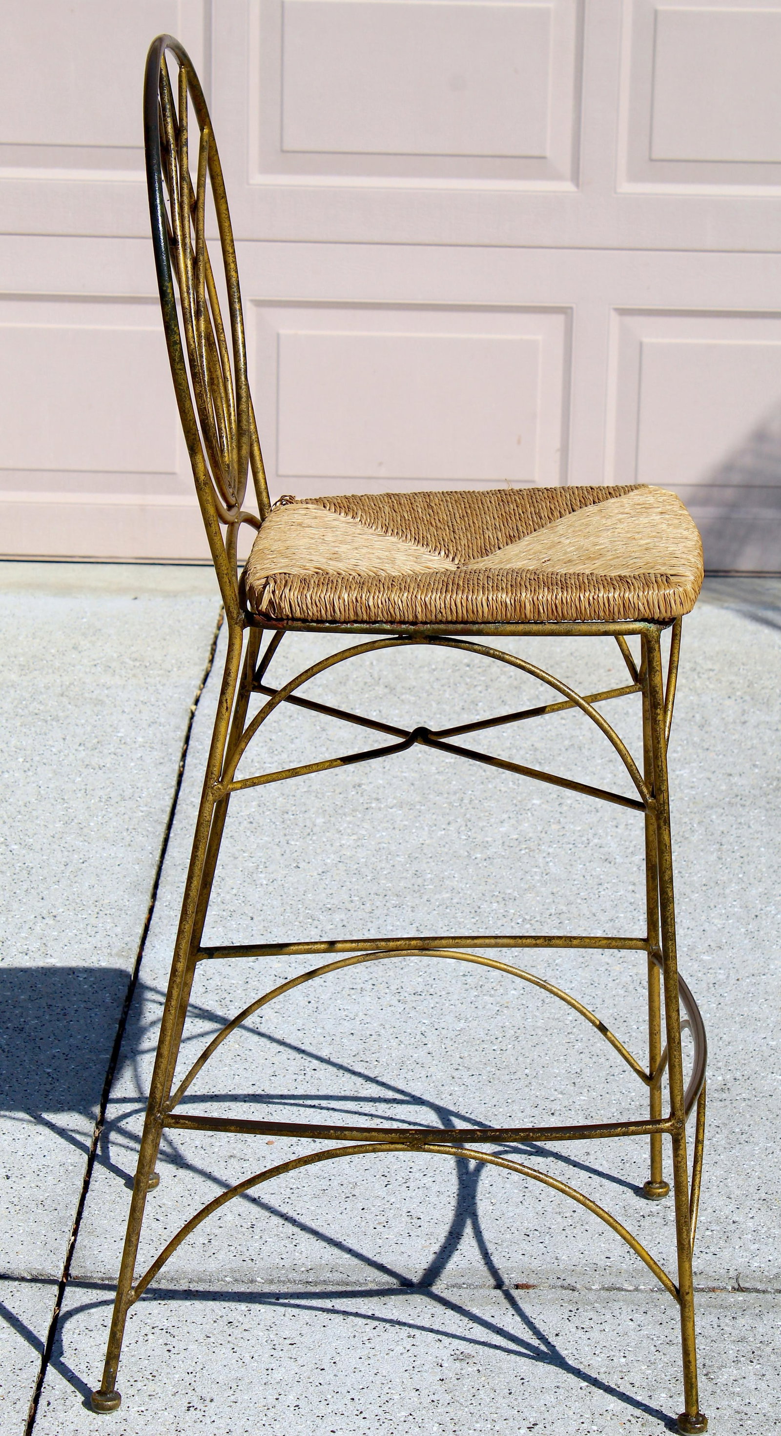 Vintage Gold Tone Cast Iron Bar Stools With Woven Rush Seats & Geometric Oval Backs - Set of 2 - 7