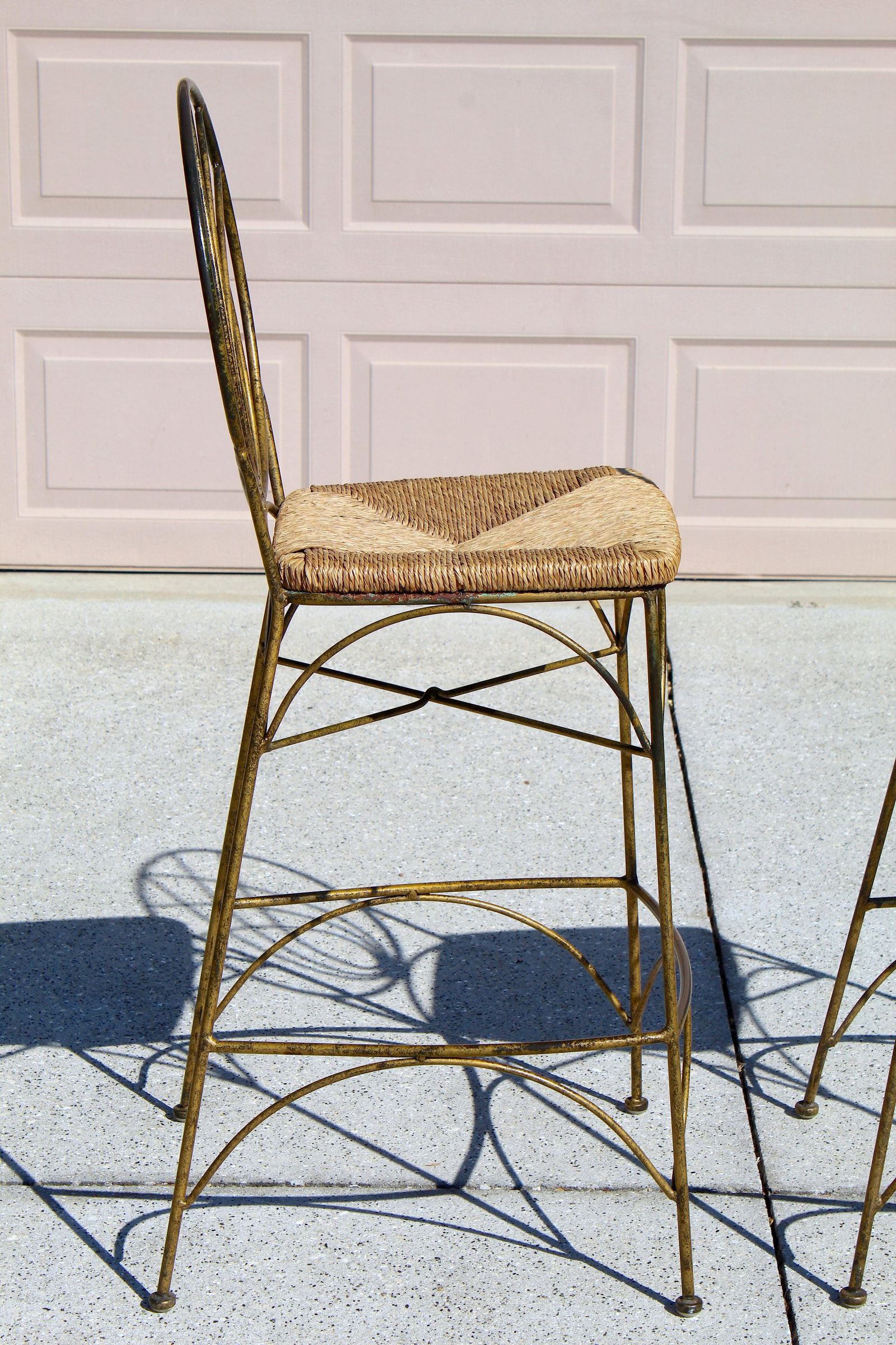 Vintage Gold Tone Cast Iron Bar Stools With Woven Rush Seats & Geometric Oval Backs - Set of 2 - 8