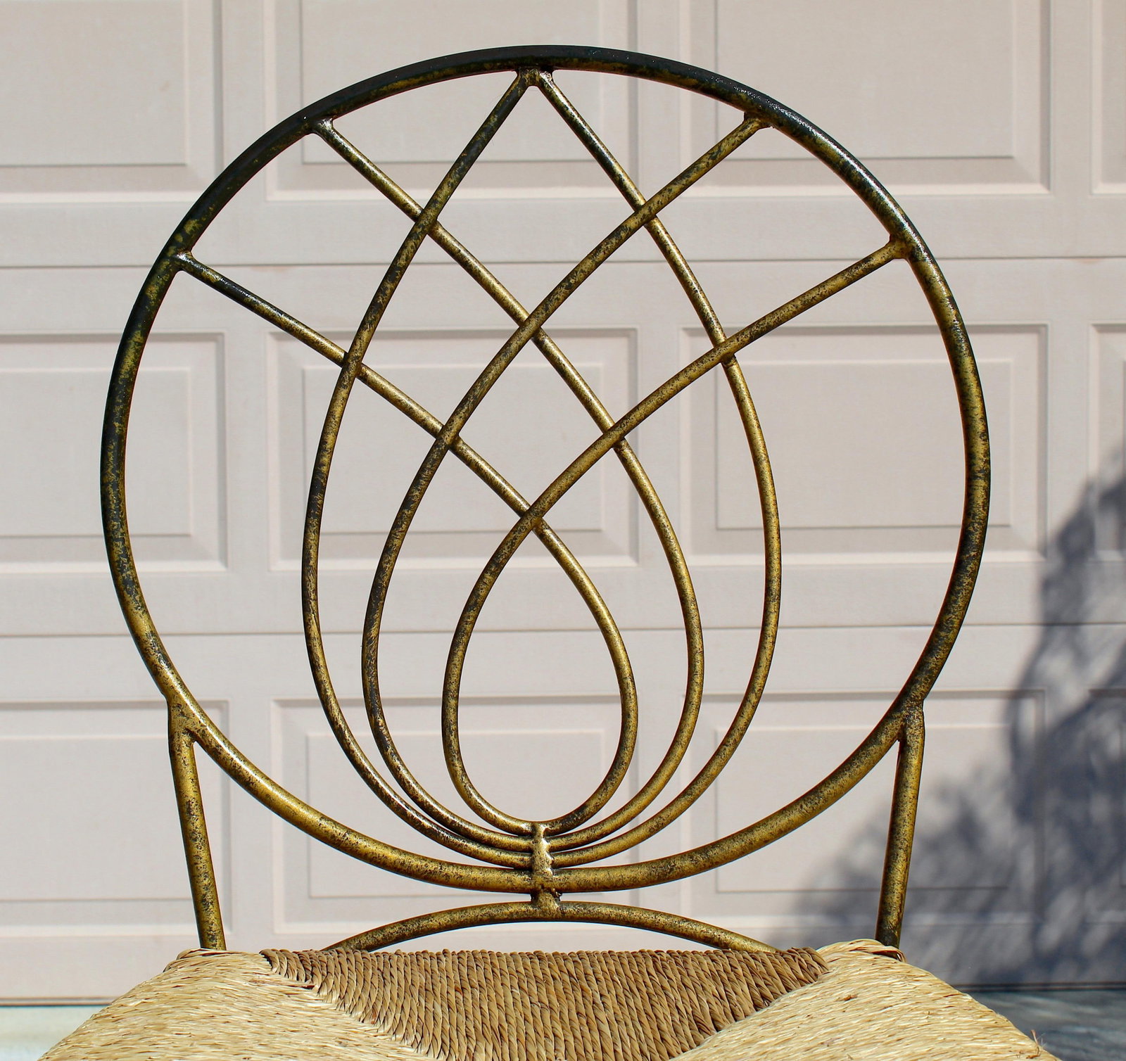 Vintage Gold Tone Cast Iron Bar Stools With Woven Rush Seats & Geometric Oval Backs - Set of 2 - 9