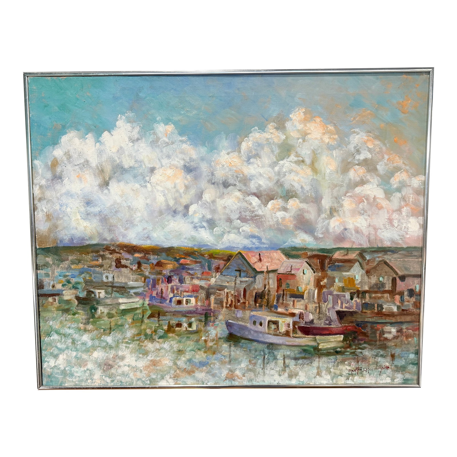 Martin J. Murray (American, 1908-1997) "Provincetown" Oil on Canvas C. 1940: This Rhode Island artist Martin J. Murray (Rhode Island, 1908-1997), a Newport native known for working in oils and watercolors. The composition is structured as a panoramic waterfront view, with a