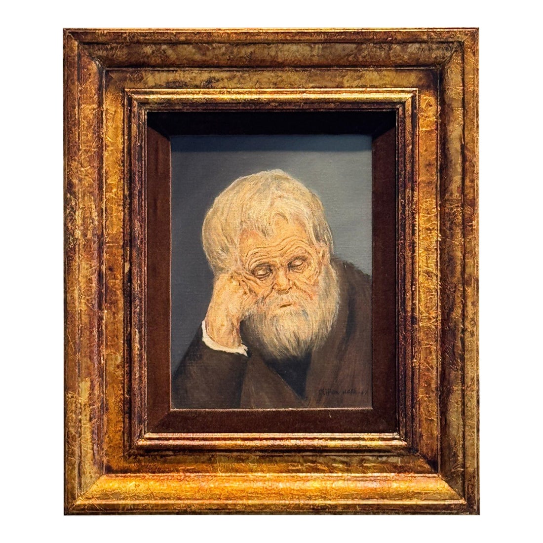 1967 Signed Original Clifton Hofa Oil Portrait - "Contemplating Time": 1967 Signed Original Clifton Hofa Oil Portrait - "Contemplating Time" Command attention in your curated interior with this evocative 1967 original oil painting by the American genre artist Clifton