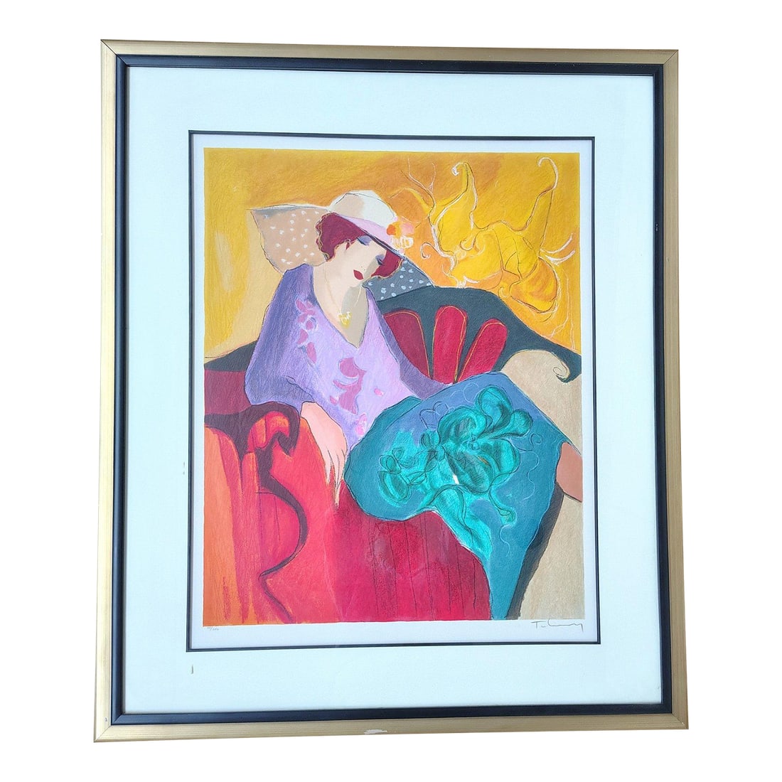 Impressive Hand-Signed Itzchak Tarkay Serigraph - Seated Lady in Purple - Limited Edition 75/350: Impressive Hand-Signed Itzchak Tarkay Serigraph - Seated Lady in Purple - Limited Edition 75/350 Infuse your space with the vibrant, dreamlike glamour of Itzchak Tarkay (1935-2012), a titan of 20th-ce