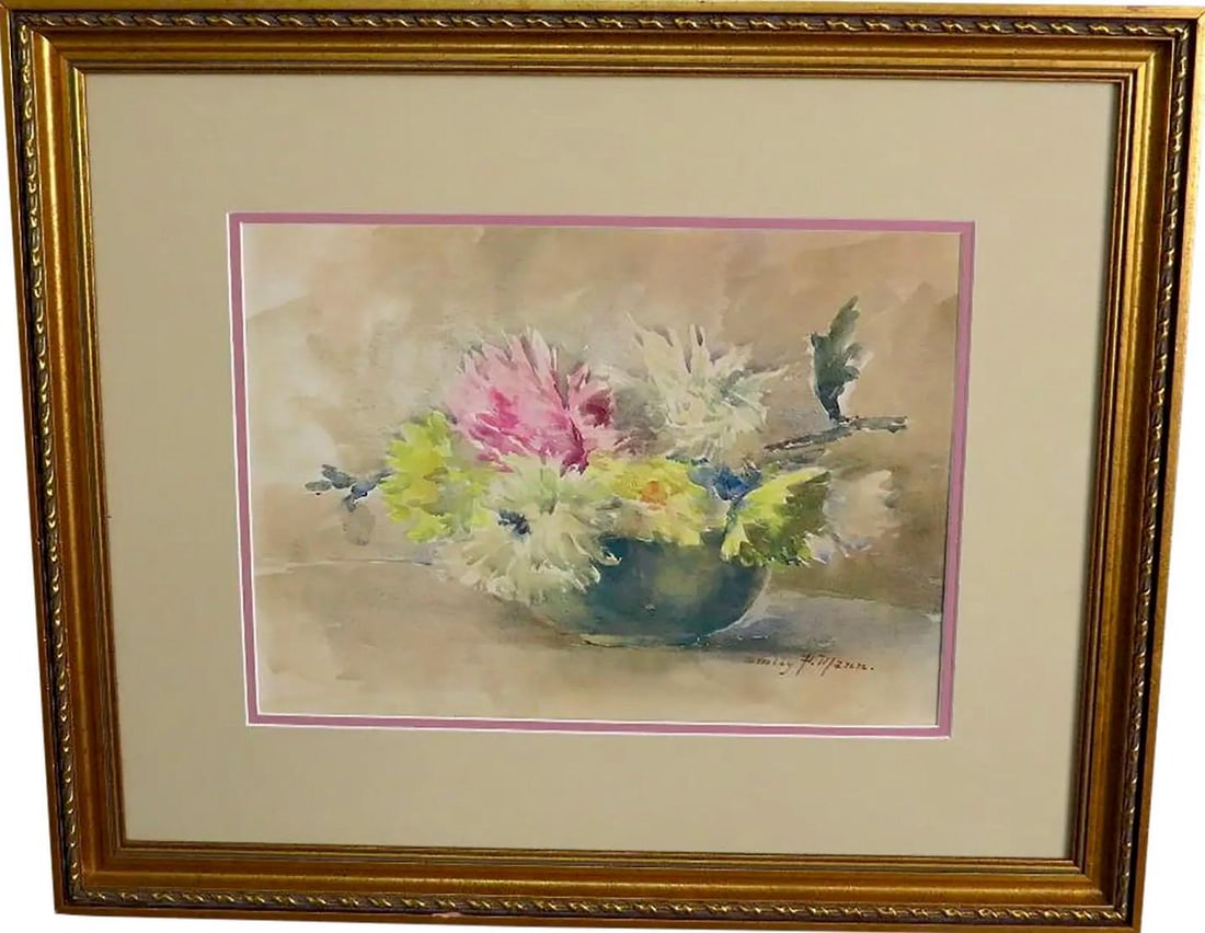 Antique Emily F. Mann Floral Still-Life Watercolor Triple Matted Gilt Framed - 3
