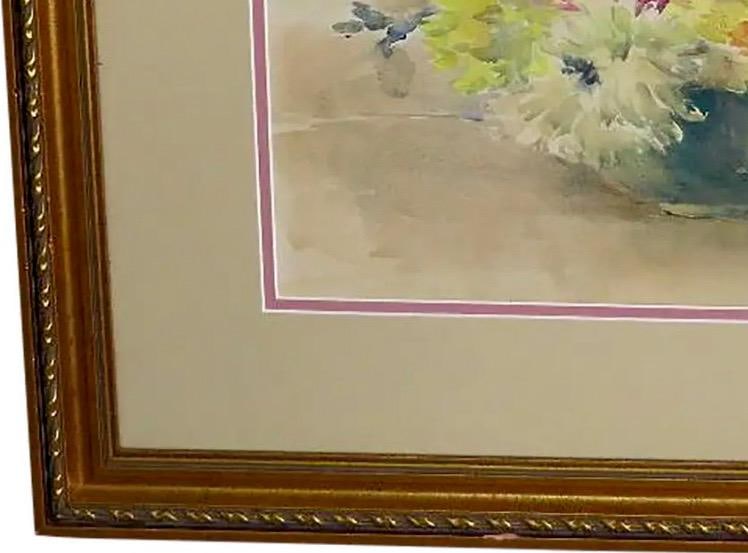 Antique Emily F. Mann Floral Still-Life Watercolor Triple Matted Gilt Framed - 7