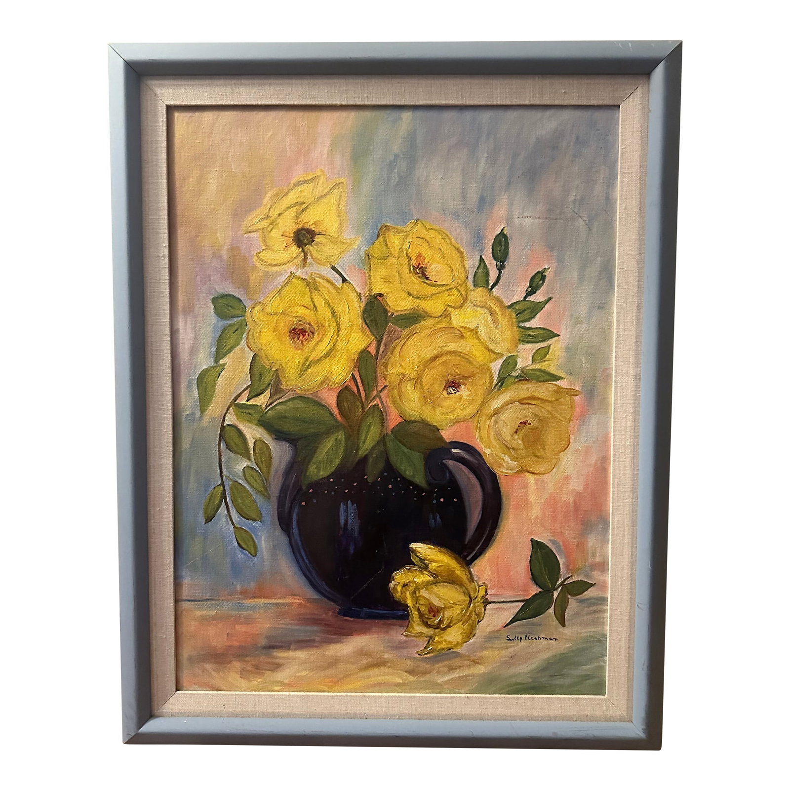 1970s Yellow Roses Acrylic on Canvas Signed Sally Fleshman: This stunning vintage still life of yellow roses on canvas is vibrant and romantic. It is signed by Sally Fleshman and is custom framed by the (now defunct) Ford Custom Framing in Clarkston, Wa. Soft 