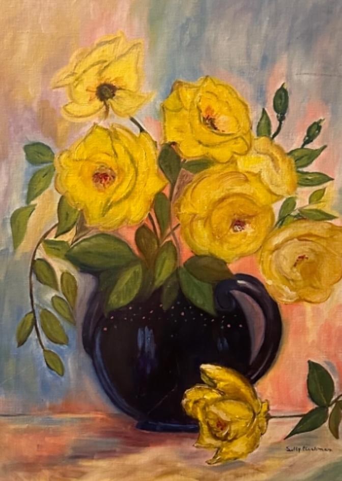 1970s Yellow Roses Acrylic on Canvas Signed Sally Fleshman - 4