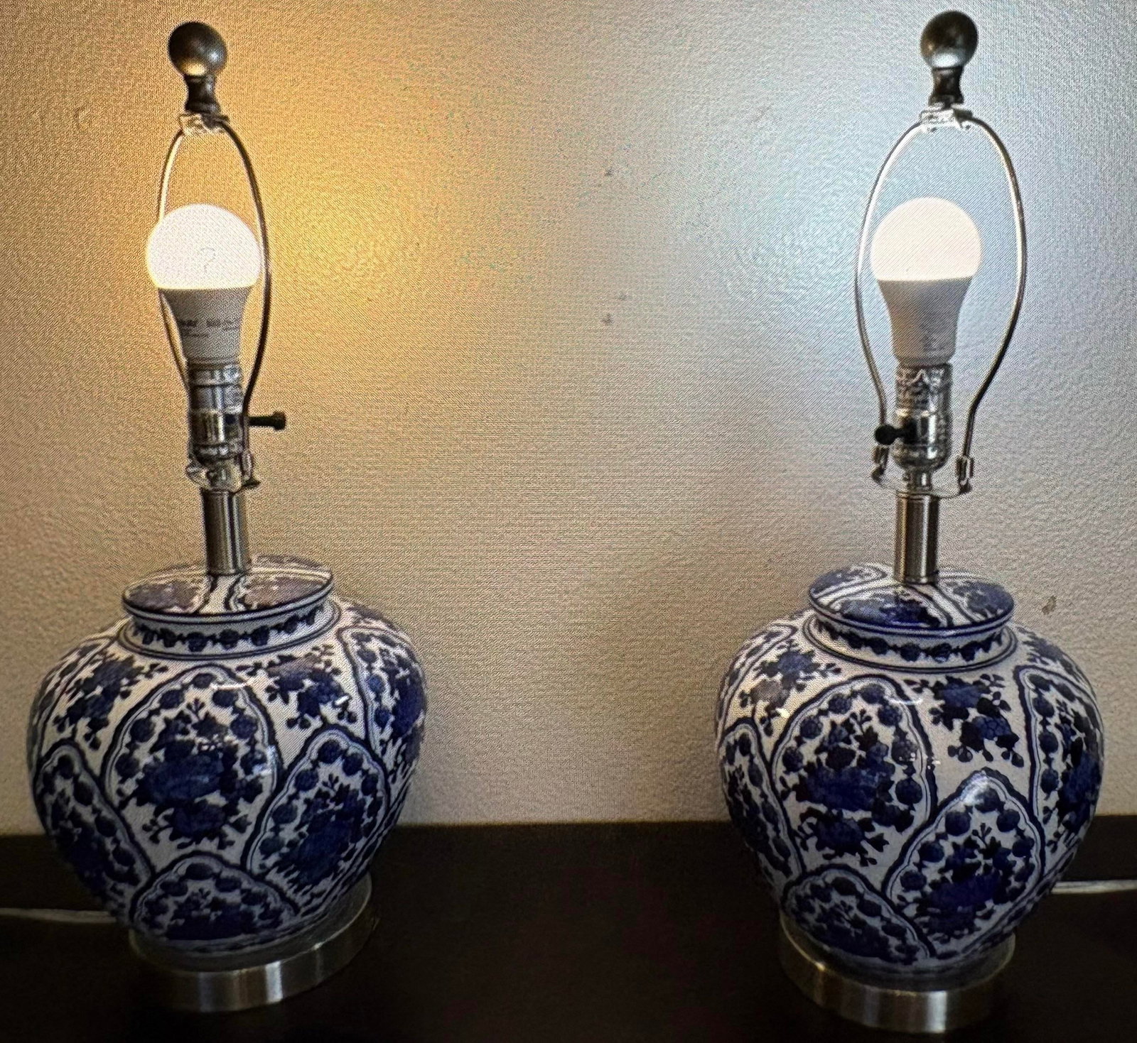 Vintage Chinoiserie Style Blue and White Ginger Jar 3-Way, Table Lamps - a Pair - 2