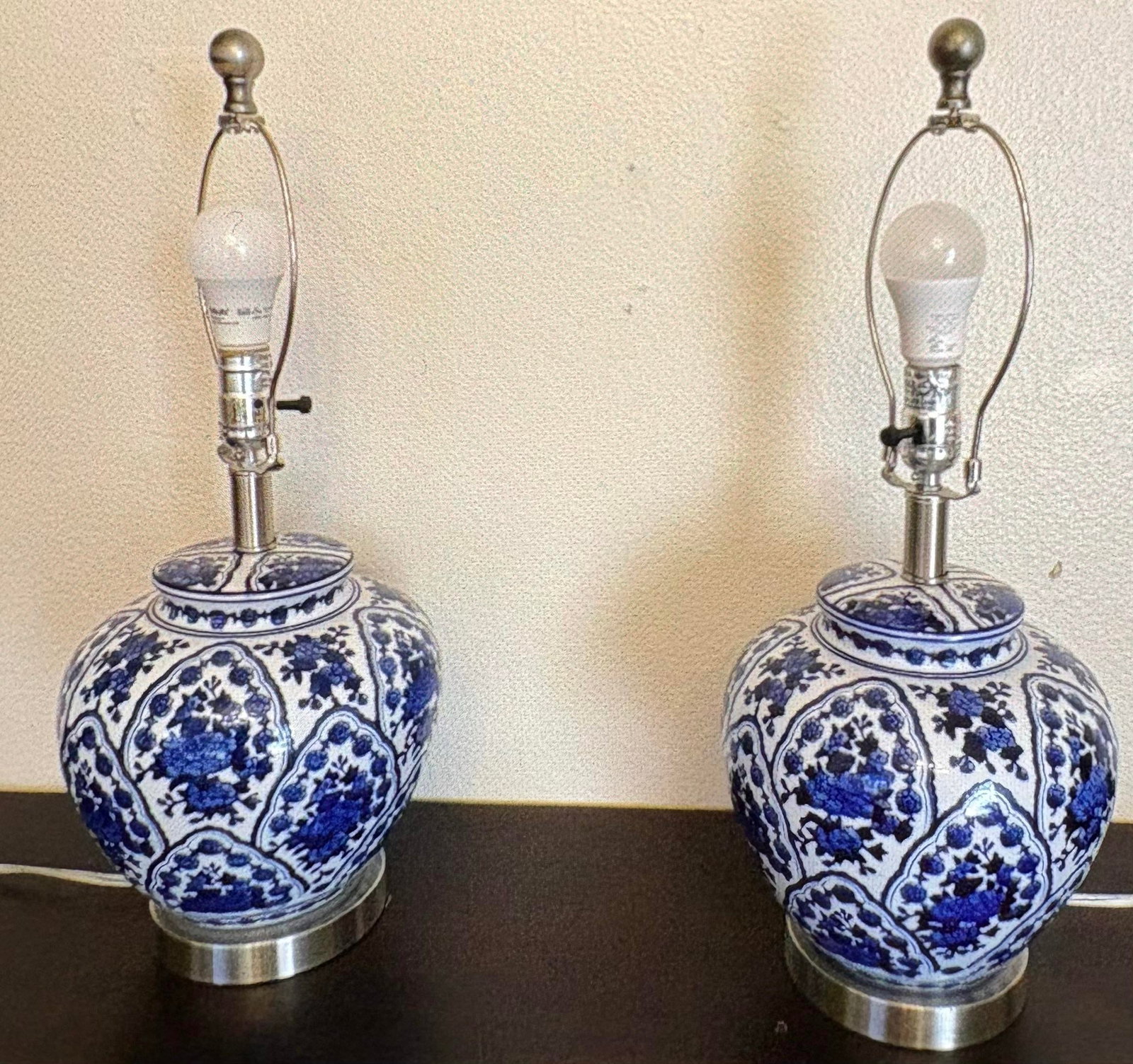 Vintage Chinoiserie Style Blue and White Ginger Jar 3-Way, Table Lamps - a Pair - 3