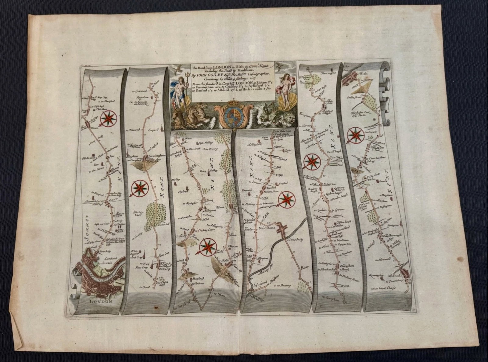 Set of 5 John Ogilby 1675 Hand Colored Road Maps Britannia England - 8