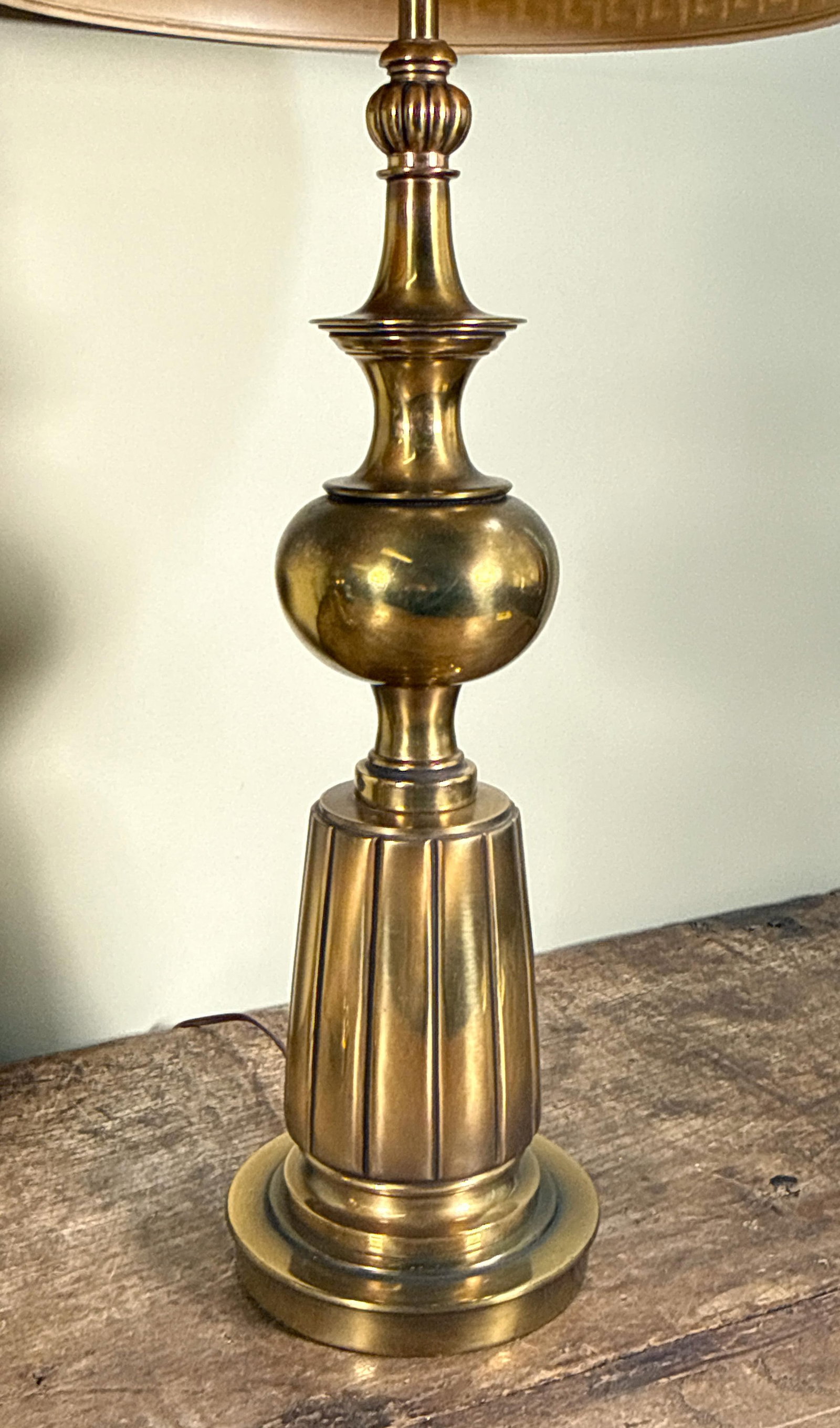 Stiffel Style Hollywood Regency Brass Table Lamps With Greek Key Shades - A Pair - 3