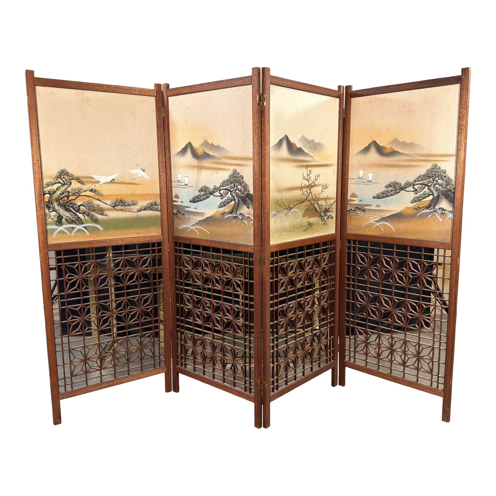 Japanese Four-Panel Teak Room Divider Screen With Silk Landscape Panels and Asanoha Fretwork (1 of 10)