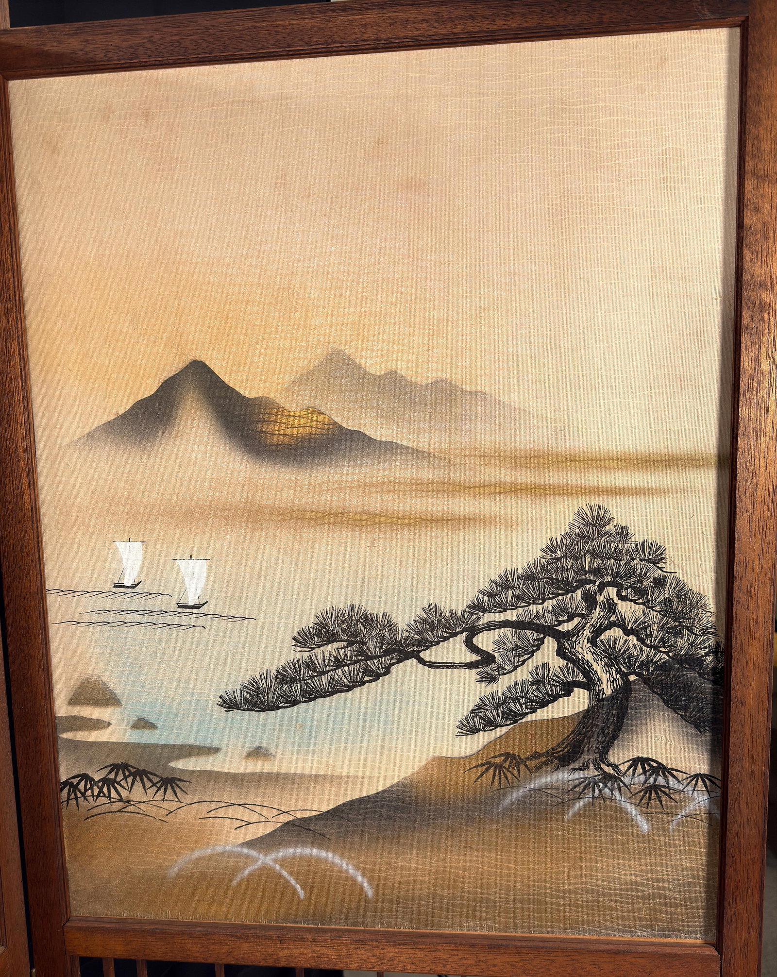 Japanese Four-Panel Teak Room Divider Screen With Silk Landscape Panels and Asanoha Fretwork - 3
