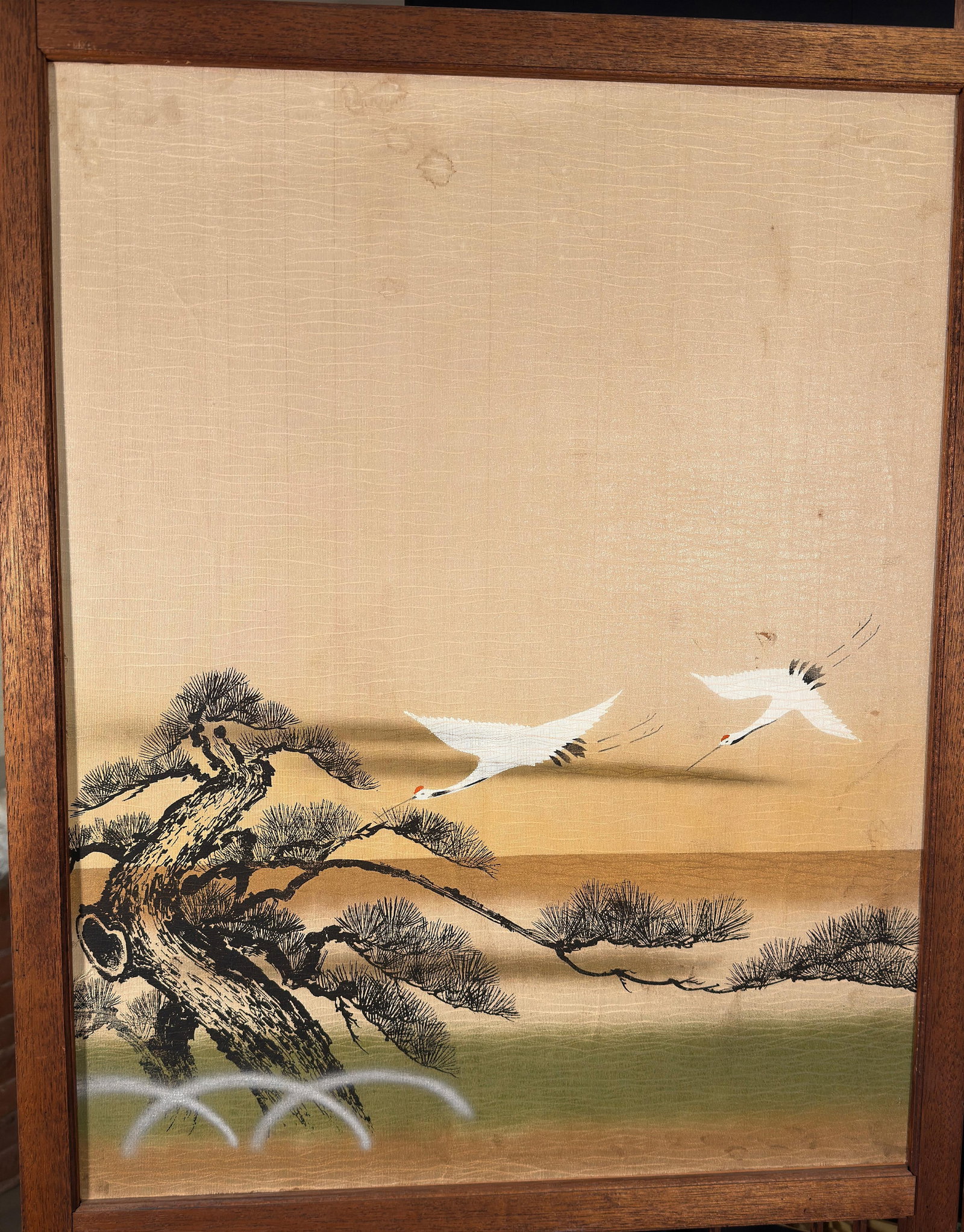 Japanese Four-Panel Teak Room Divider Screen With Silk Landscape Panels and Asanoha Fretwork - 9