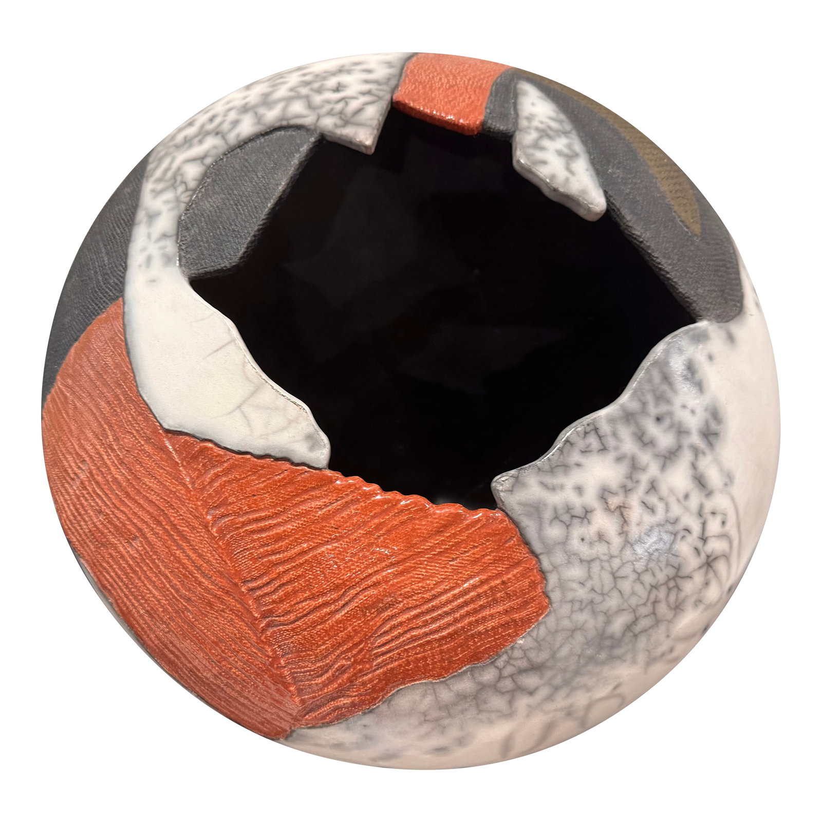 Large Sculptural Studio Pottery Vessel / Pod Form White Crackle Raku-Style Glaze, Textured Panels: Statement-scale sculptural studio pottery vessel in an organic "pod" form with a dramatic cutout opening. The surface features a white crackle (raku-style) glaze with smoky black veining and speckled