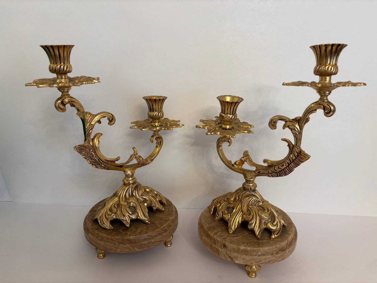 1960s Hollywood Regency Palm Tree Brass Candleabras on a Marble Base - A Pair - 10
