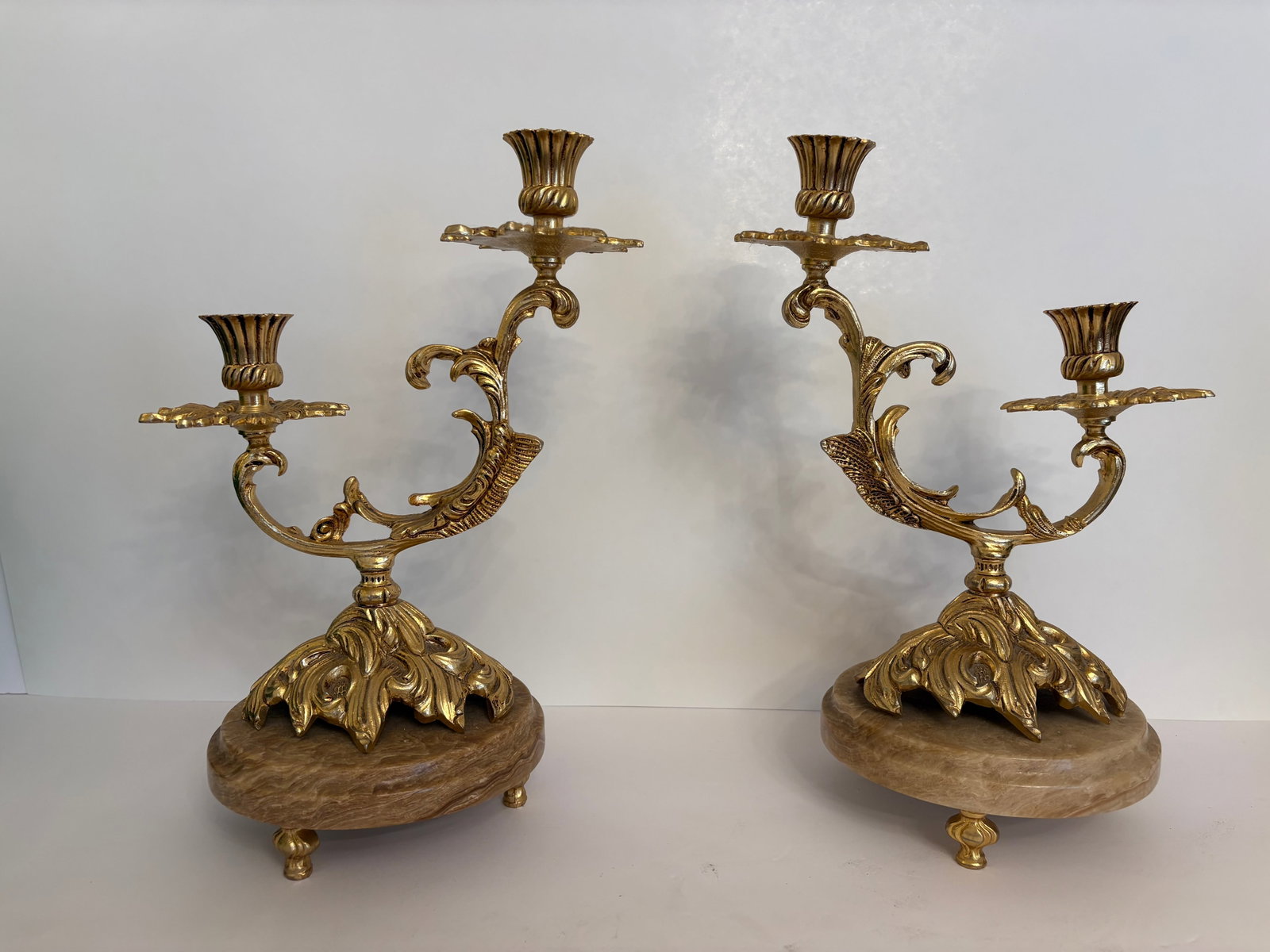 1960s Hollywood Regency Palm Tree Brass Candleabras on a Marble Base - A Pair - 3