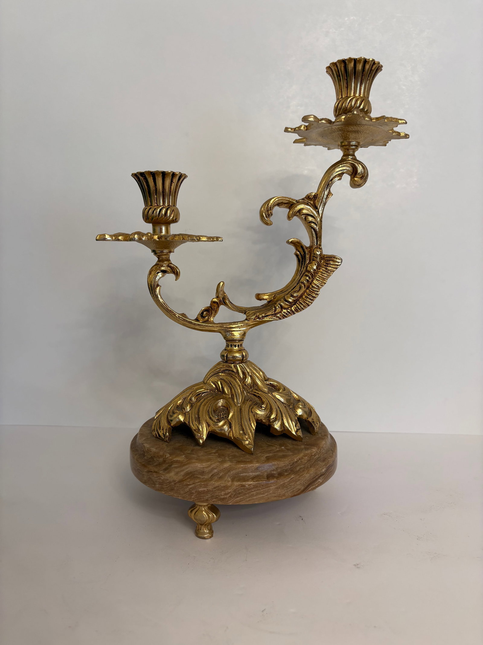 1960s Hollywood Regency Palm Tree Brass Candleabras on a Marble Base - A Pair - 8