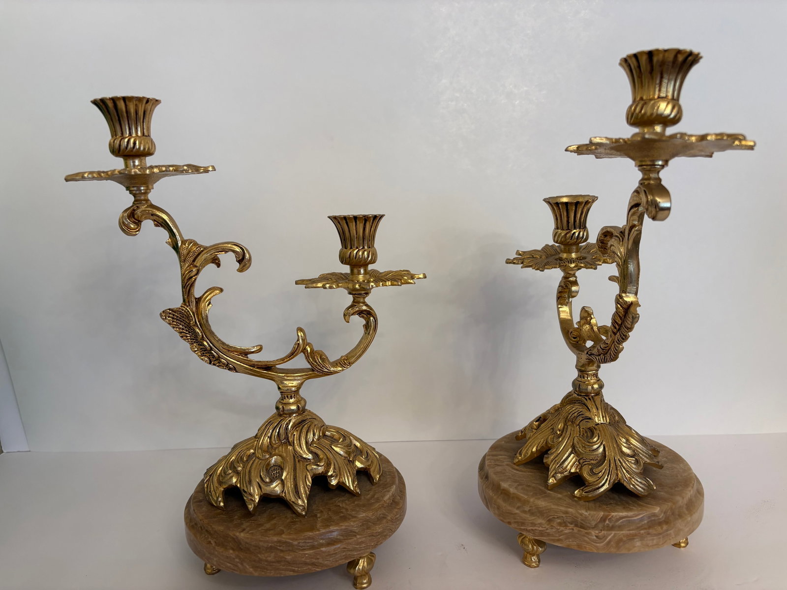 1960s Hollywood Regency Palm Tree Brass Candleabras on a Marble Base - A Pair - 9