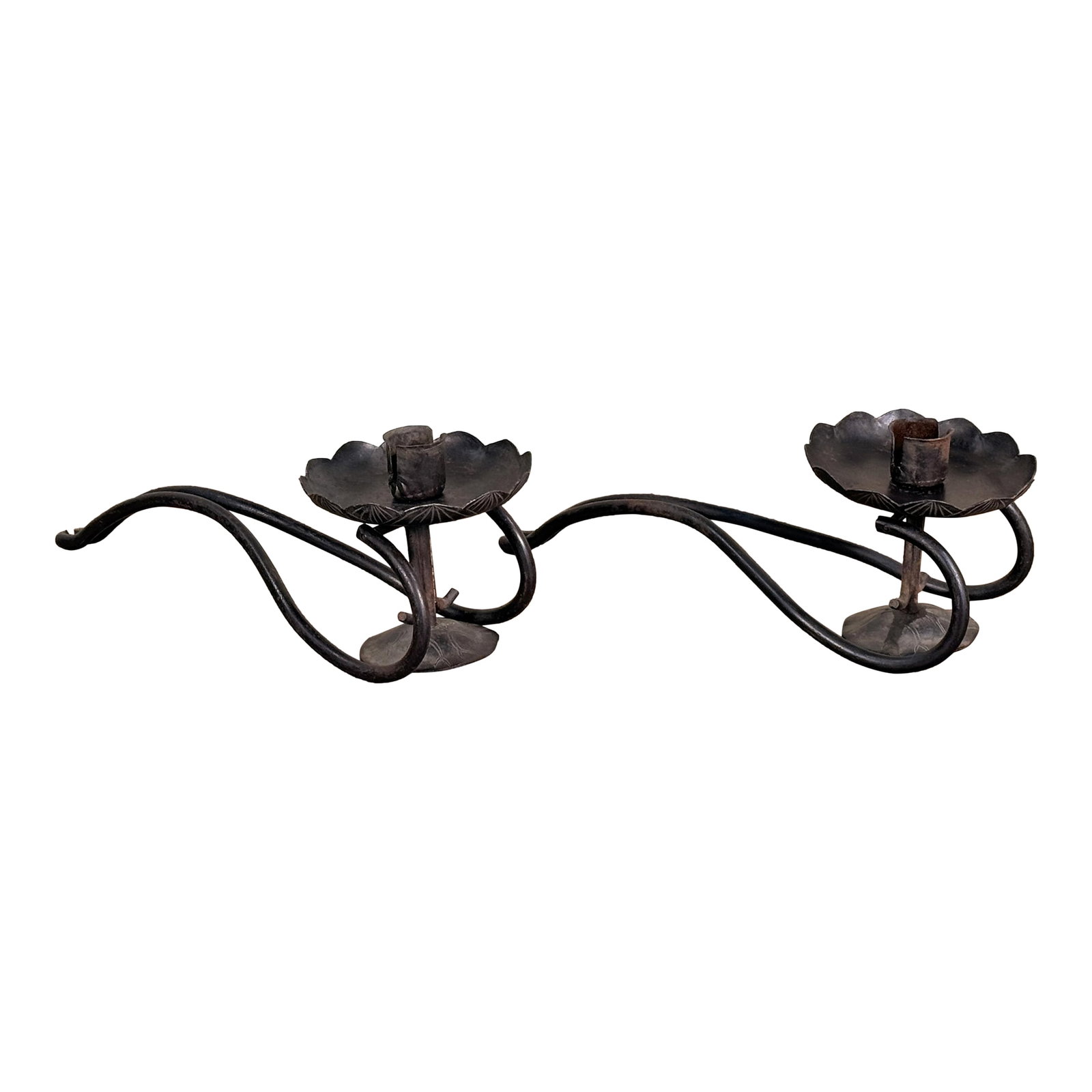 Vintage 1950s Japanese Hand Forged Iron Taper Candle Holders for Wall or Table - A Pair: This pair of mid-century Japanese hand-forged iron candle holders features sculptural, flowing arms with lotus-form drip trays designed to hold standard tapered candles and can be displayed either fre