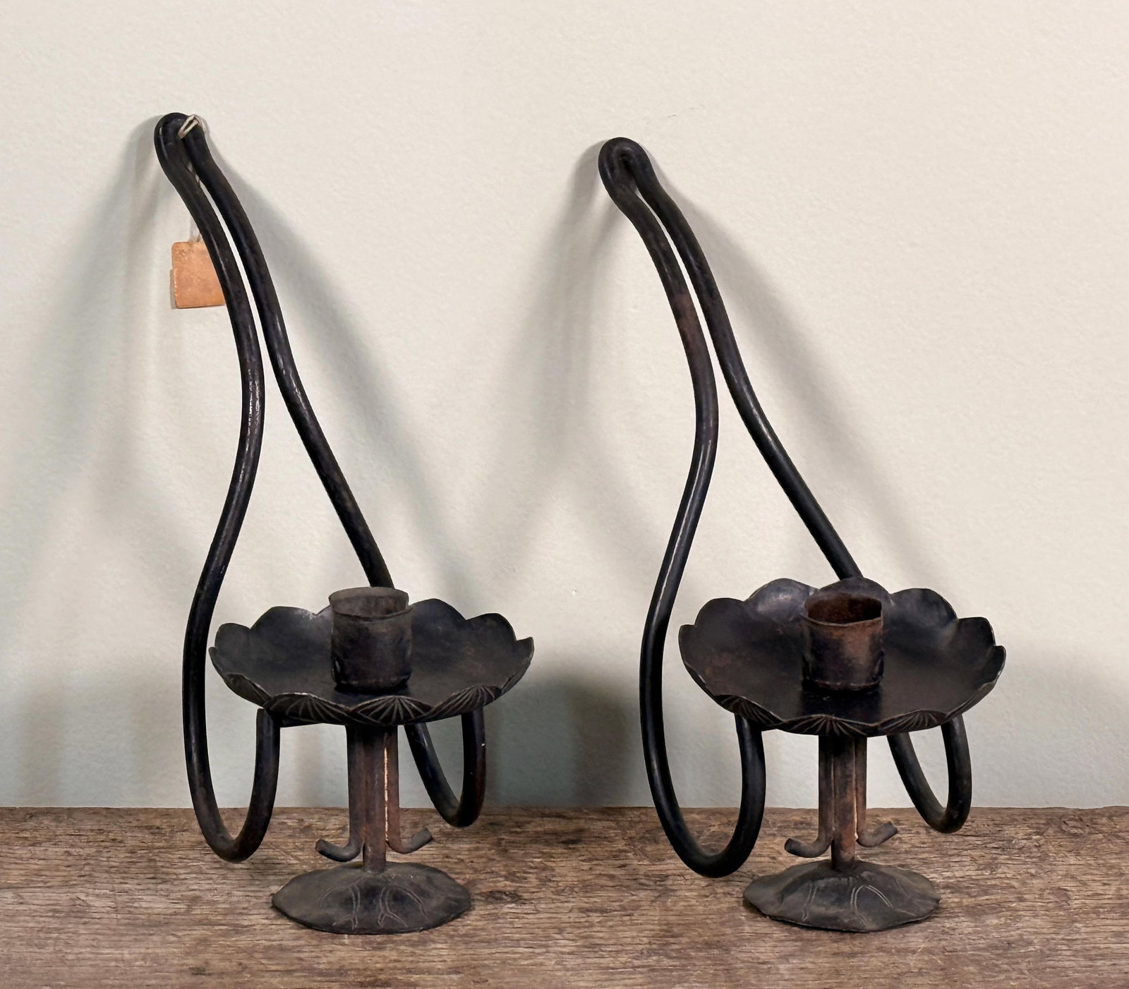 Vintage 1950s Japanese Hand Forged Iron Taper Candle Holders for Wall or Table - A Pair - 2