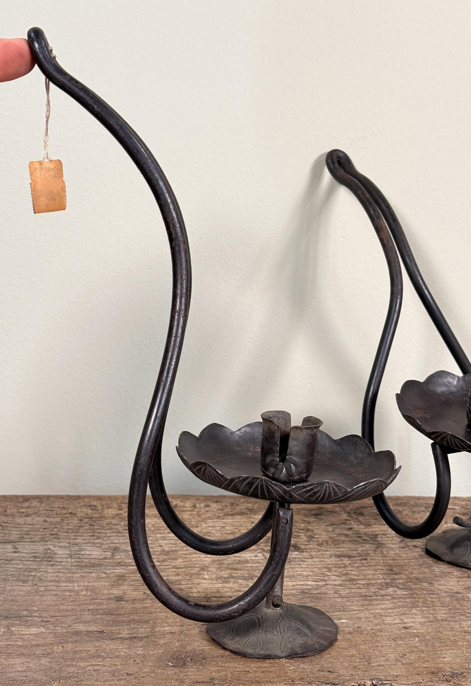 Vintage 1950s Japanese Hand Forged Iron Taper Candle Holders for Wall or Table - A Pair - 4