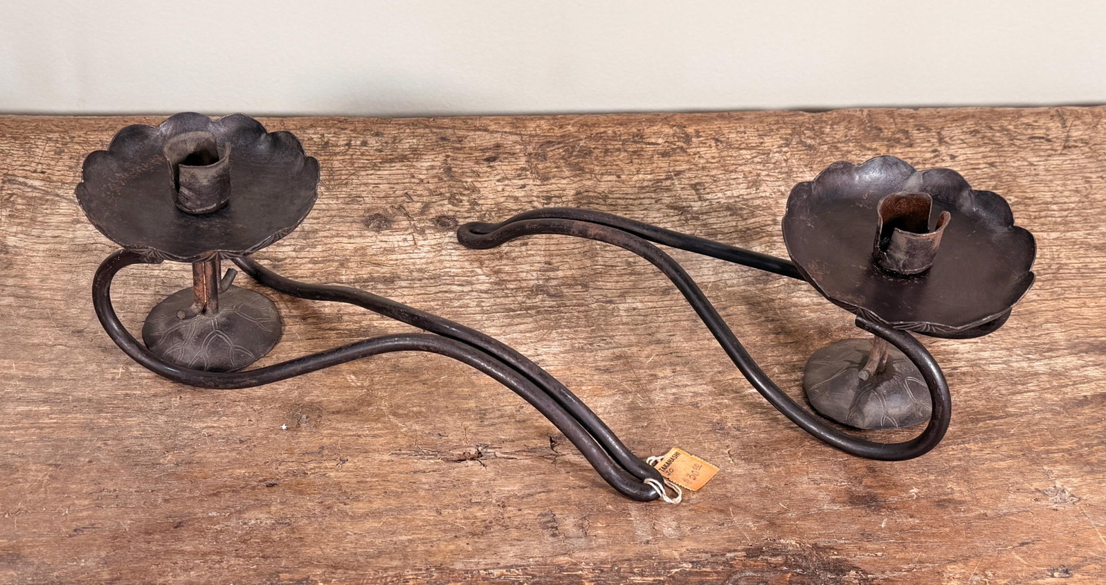 Vintage 1950s Japanese Hand Forged Iron Taper Candle Holders for Wall or Table - A Pair - 7