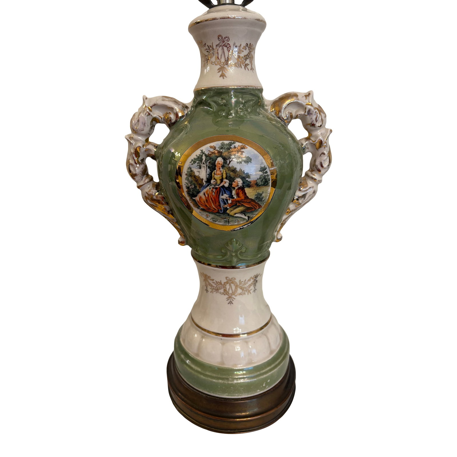 1950s French Court Victorian Lamps by Jean Honore' Fragonard -a Pair: Often mistaken for Martha and George Washington these lamps truly depict a couple of the french court from the French King Louis XV. They were made in the 1950's of procelain and trimmed in 22k gold. 