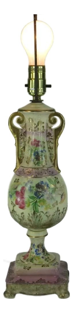 1930s Beckwith China Victorian Style Hand Painted Gold Urn Porcelain: This Table Lamp features a Neoclassical Urn Porcelain Victorian Style design in a beautiful gold color with a floral pattern. It is a vintage piece from the 1920-45, by Beckwith. with an Empire and