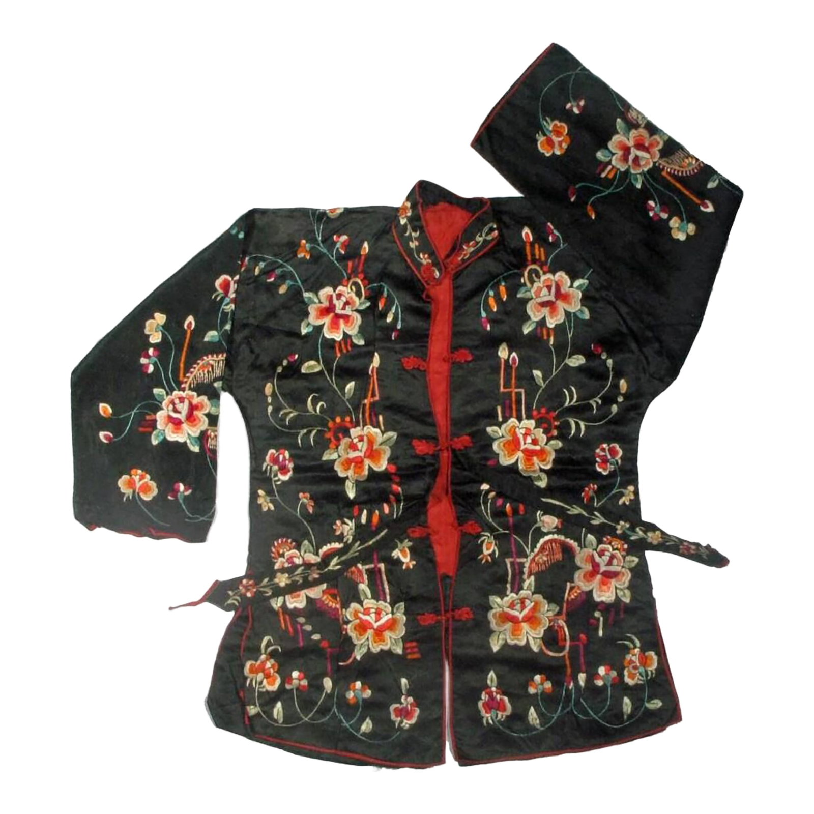 Antique Authentic Chinese Silk Jacket Robe With Colorful Embroidery: This Antique Chinese silk embroidered jacket dates from the 1900s. It is made of a black silk fabric background, with bright colorful silk embroidery work. There are embroidered symbols and peony flow