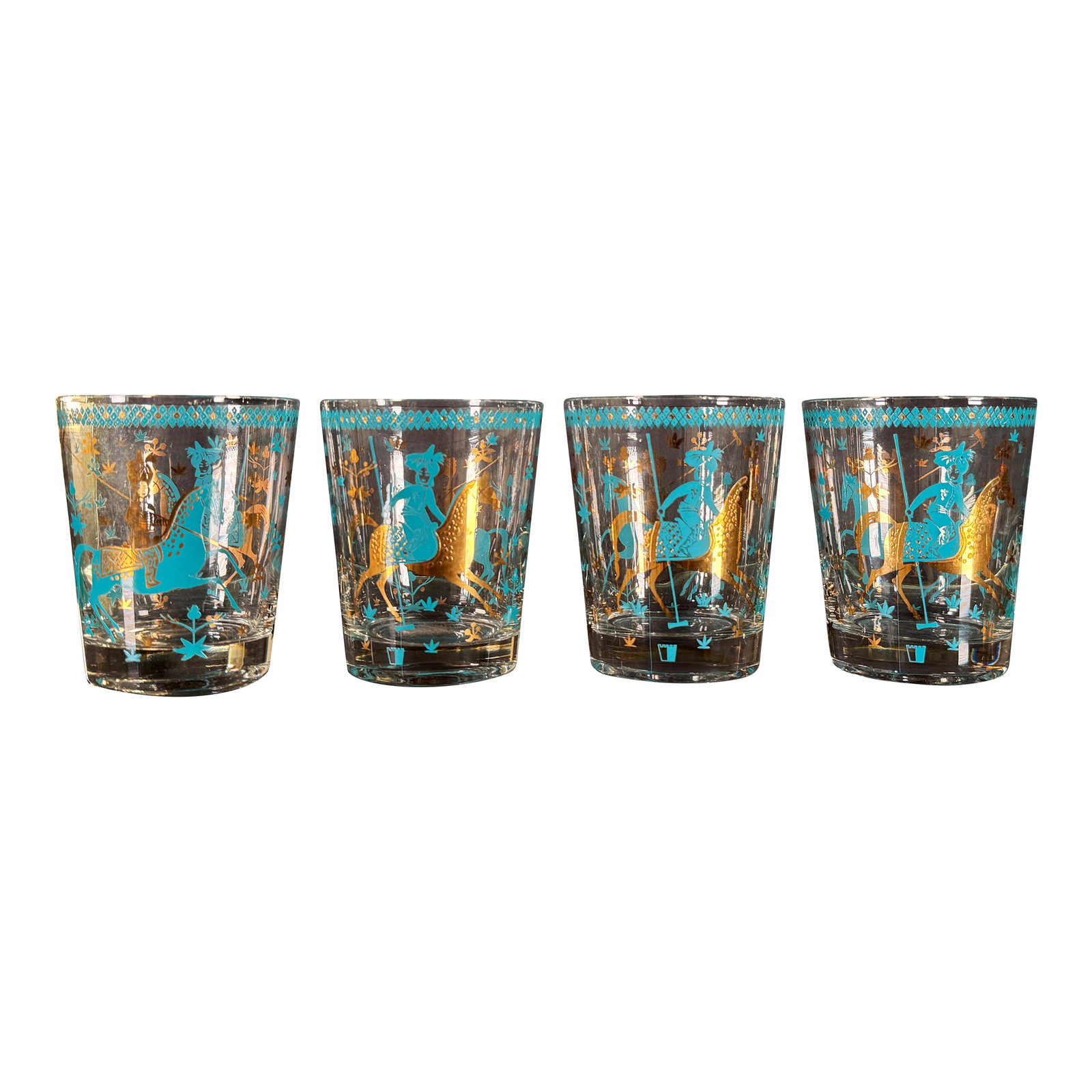 Mid Century Cera Persian Polo Equestrian Rocks Glasses in Turquoise and Gold c.1960s - Set of 4: The Persian Polo pattern by Cera is among the more graphic and collectible of the mid-century decorated barware patterns, depicting polo players on horseback in a repeating turquoise and gold design