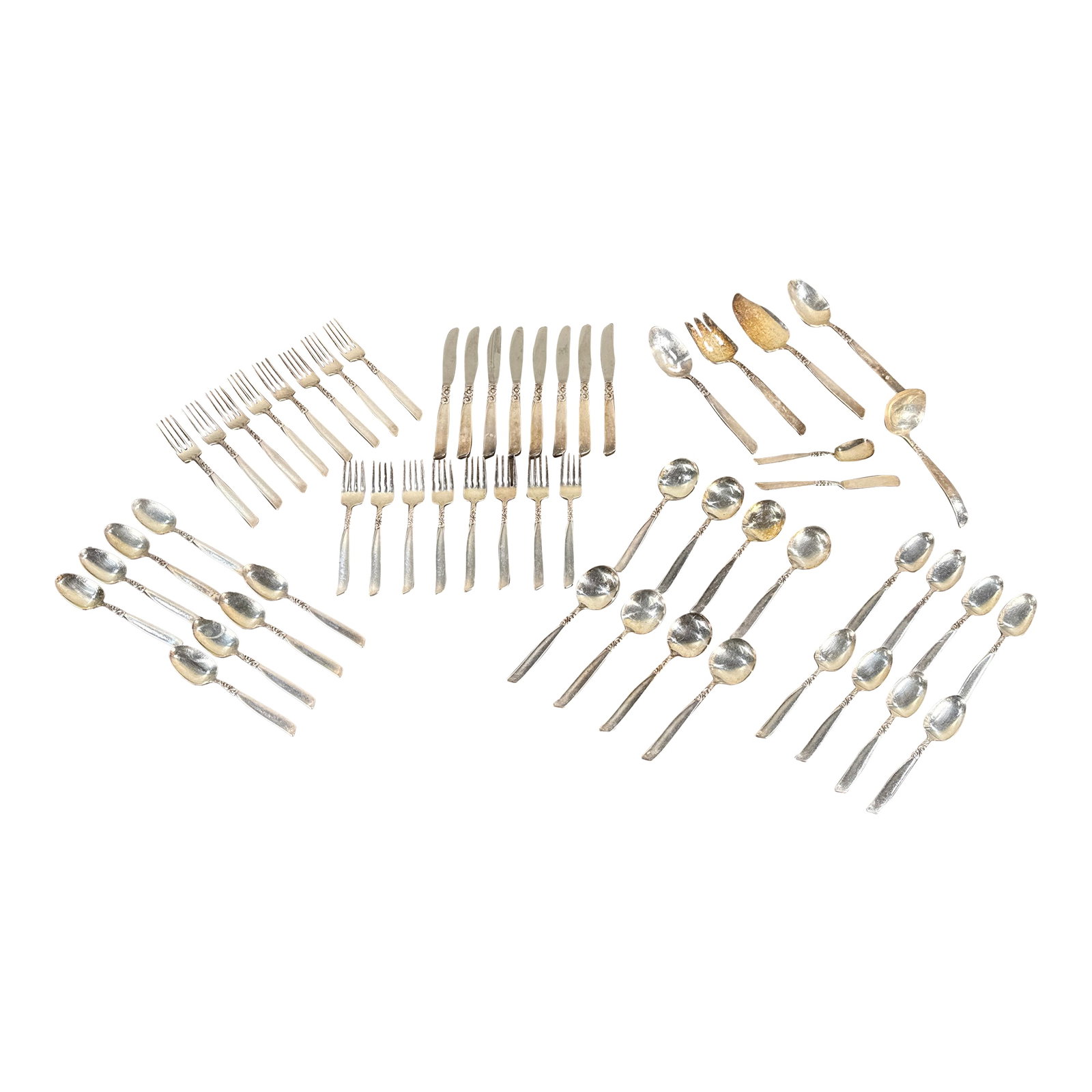 Silver Plate Flatware South Seas by Community With Serving Pieces - Service for 8: This 55 piece silver plate flatware service includes 16 teaspoons measuring 6 inches long by 1.125 inches wide, 8 soup spoons measuring 6.5 inches long by 1.75 inches wide, 8 dinner forks measuring