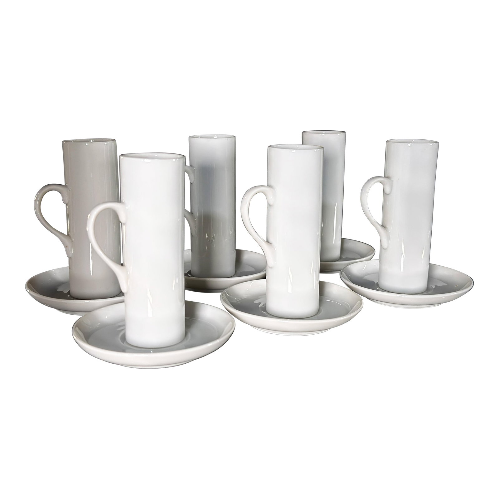 LaGardo Tackett for Schmid Porcelain Demitasse Espresso Cups and Saucers, 1960s - Set of 6: These six demitasse cups and saucers by LaGardo Tackett for Schmid are a study in modernist restraint, with the tall cylindrical cup form and simple loop handle reducing the coffee cup to its purest g
