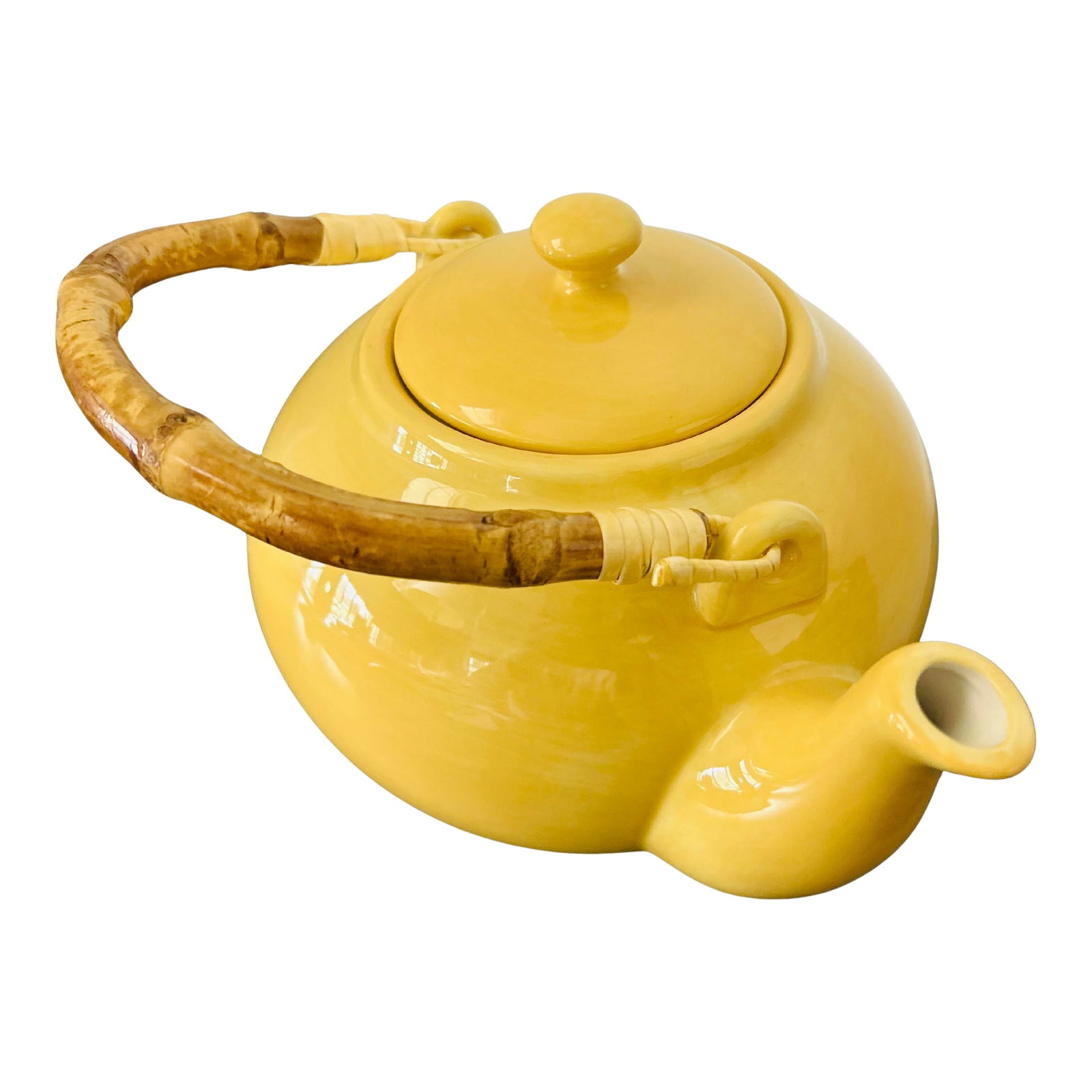 Vintage Pottery Barn Sausalito Yellow Ceramic Teapot - Bamboo Handle - Asian-Inspired Stoneware Tea: Vintage Pottery Barn Sausalito Yellow Ceramic Teapot - Bamboo Handle - Asian-Inspired Stoneware Tea Kettle A charming vintage Pottery Barn Sausalito teapot featuring a vibrant glossy yellow ceramic bo