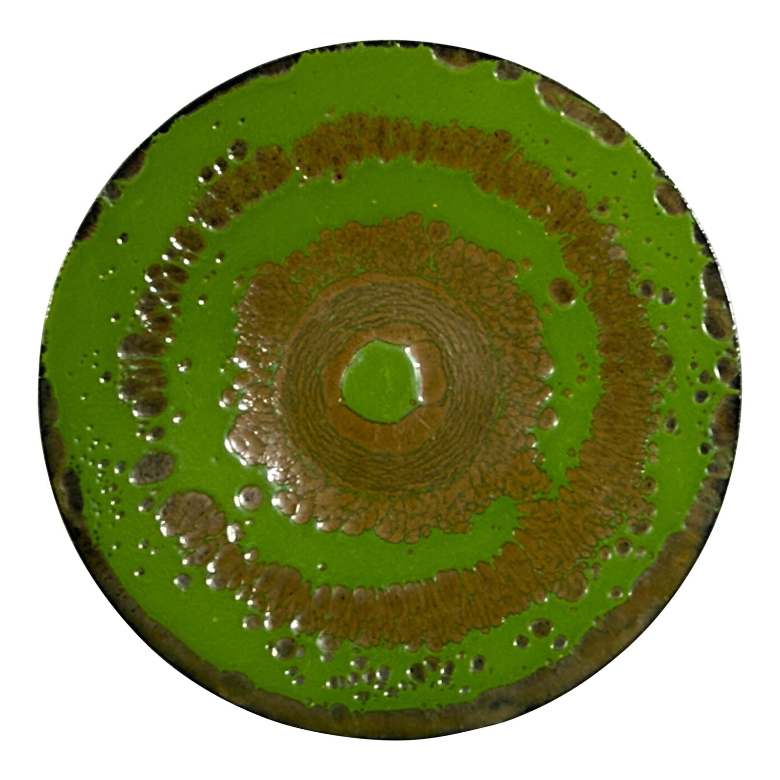 Vintage Mid Century Enamel on Copper Charger Plate With Green and Bronze Glaze: This enamel on copper charger plate features a circular form with concentric decorative patterns rendered in bright green and bronze glazes. The design includes circular motifs and organic spotted