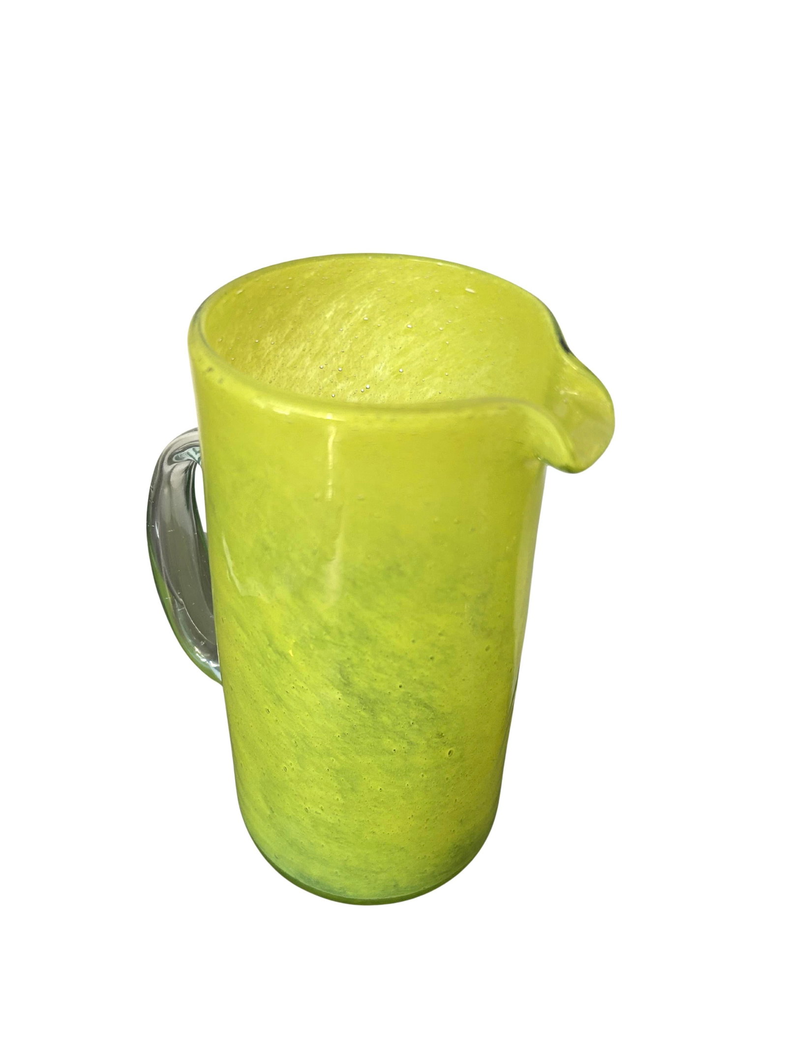 Vintage Mid-Century Modern Art Glass Pitcher - Lime Green Crackle Dimple Design, Hand-Blown - 4