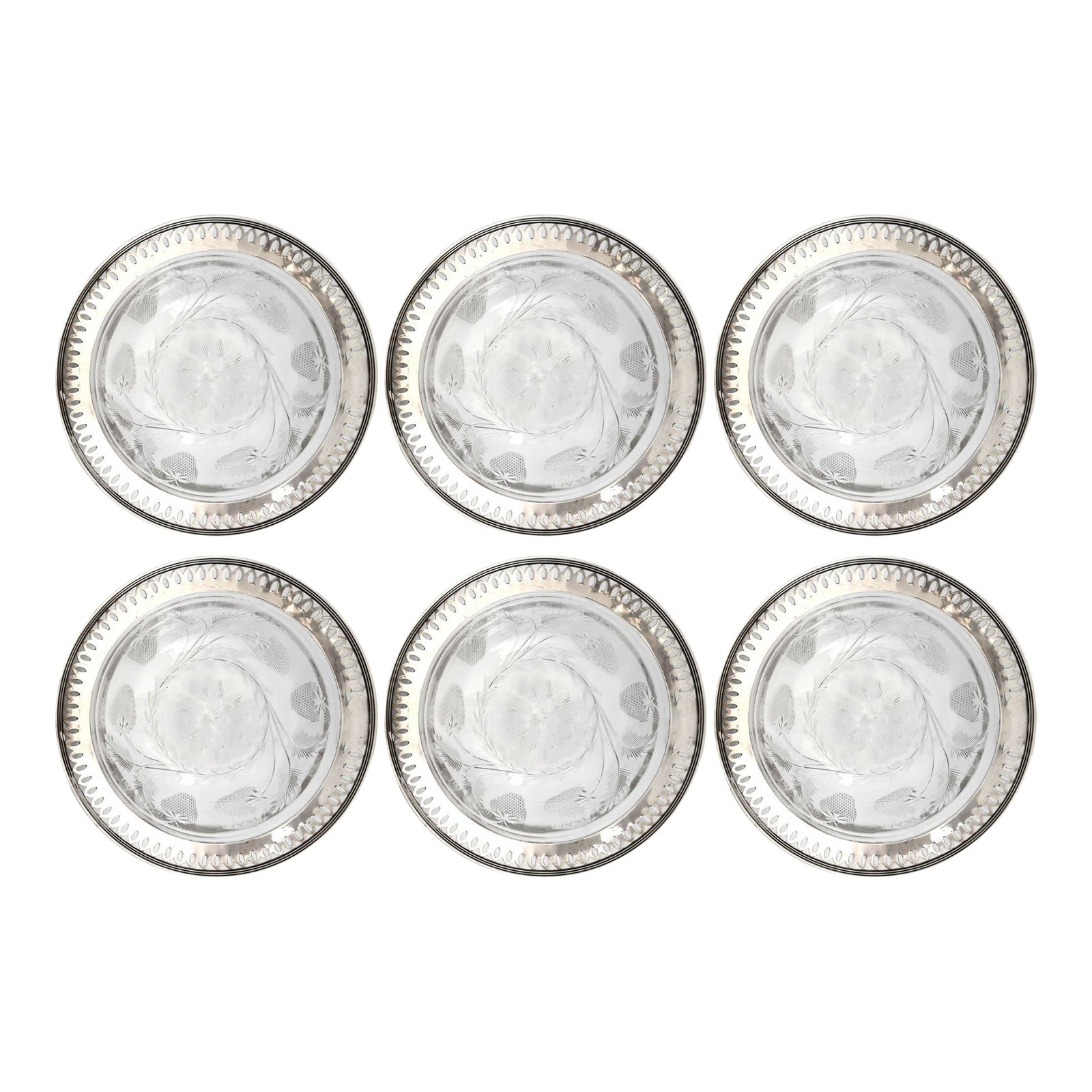 Early 20th Century Set of Six American Crystal Dessert Bowls With Sterling Silver Rims: Set of six American dessert bowls with sterling silver rims and brilliant cut crystal bowls, hand-cut in a strawberry and foliage motif. Each bowl is marked sterling, highlighting the quality and craf
