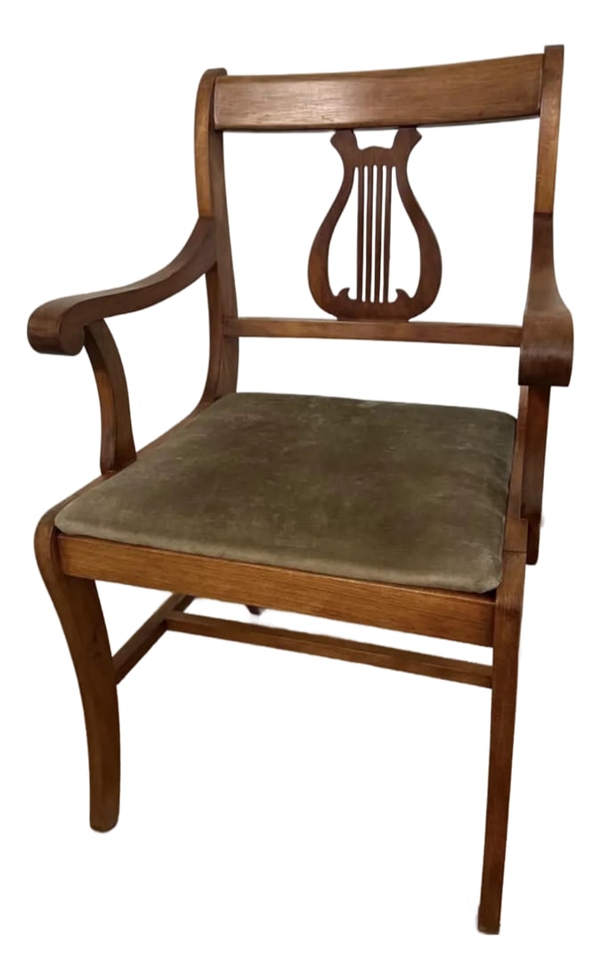1930s Duncan Phyfe Style Mahogany Lyre Back Arm Chair With Upholstered Seat: Elegant vintage Duncan Phyfe style arm chair featuring the classic lyre (harp) back design, gracefully curved arms, and rich warm-toned mahogany finish. This timeless Federal-inspired chair offers ref