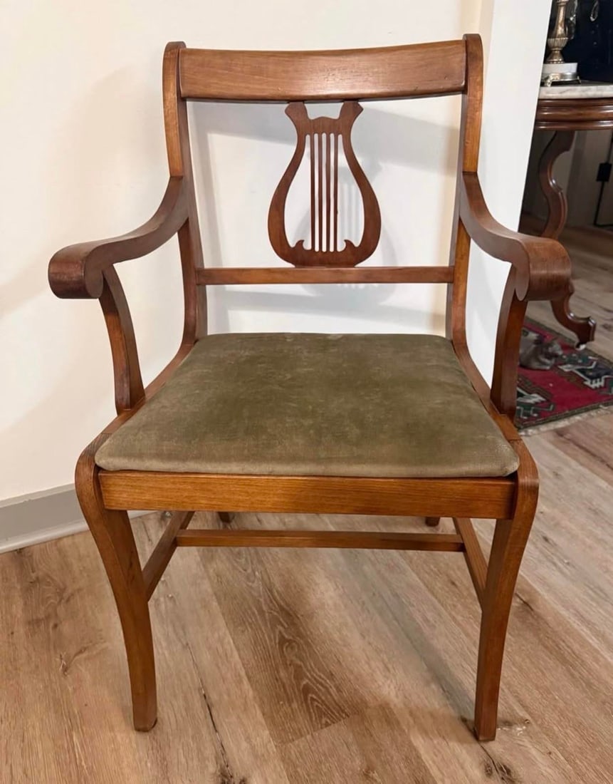 1930s Duncan Phyfe Style Mahogany Lyre Back Arm Chair With Upholstered Seat - 2