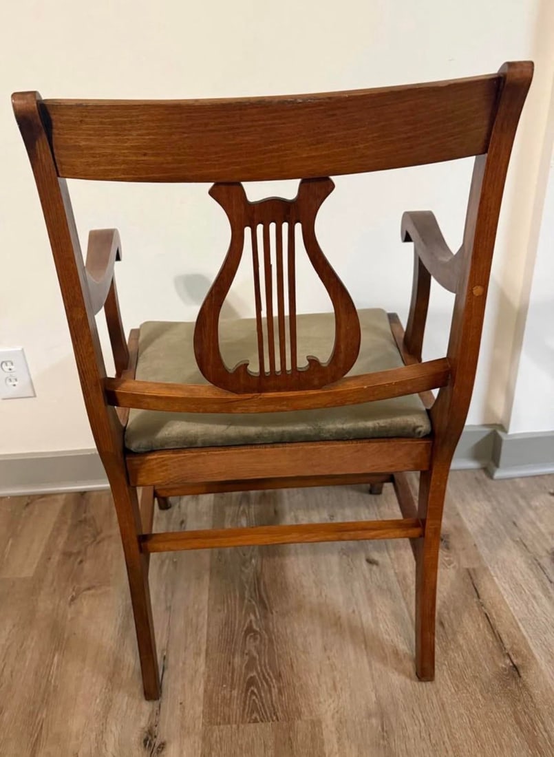 1930s Duncan Phyfe Style Mahogany Lyre Back Arm Chair With Upholstered Seat - 3