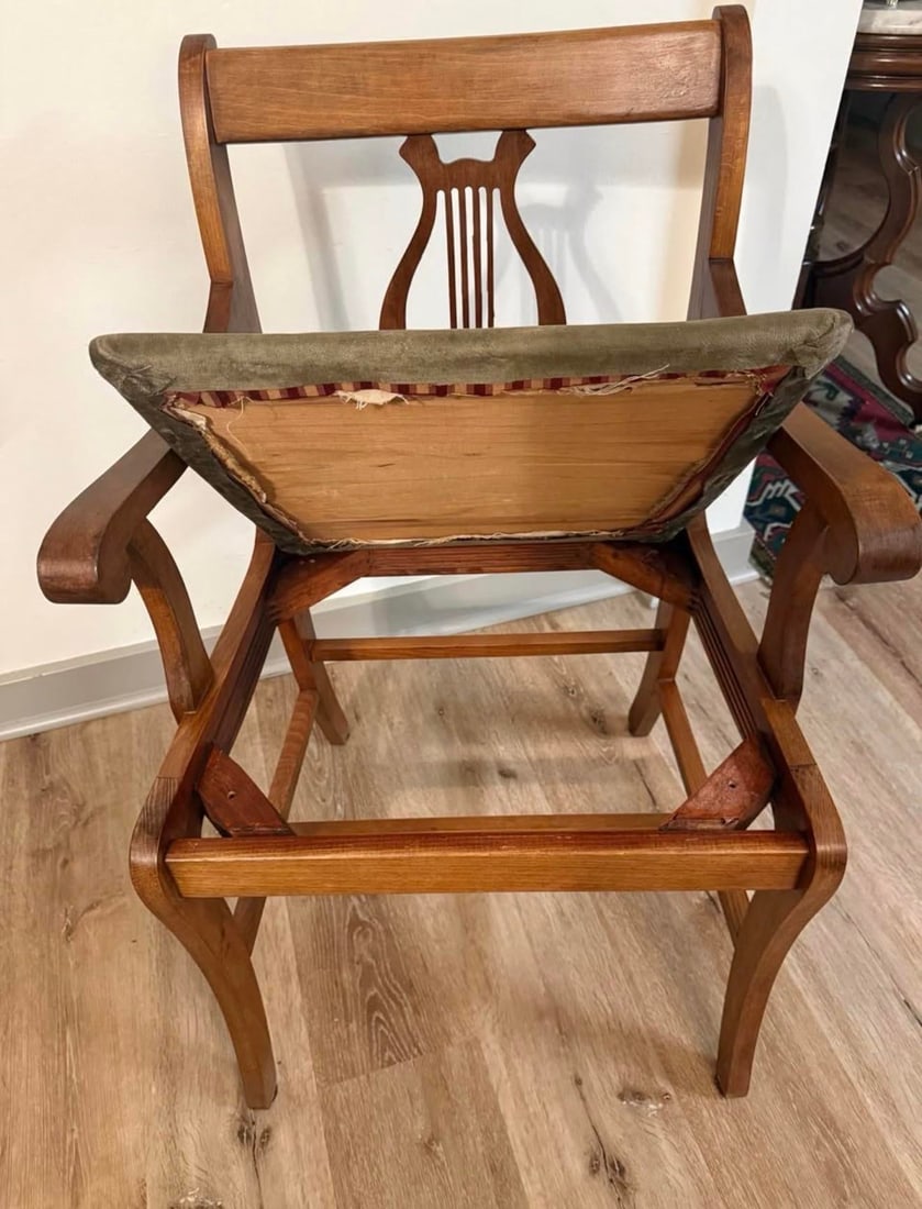 1930s Duncan Phyfe Style Mahogany Lyre Back Arm Chair With Upholstered Seat - 4