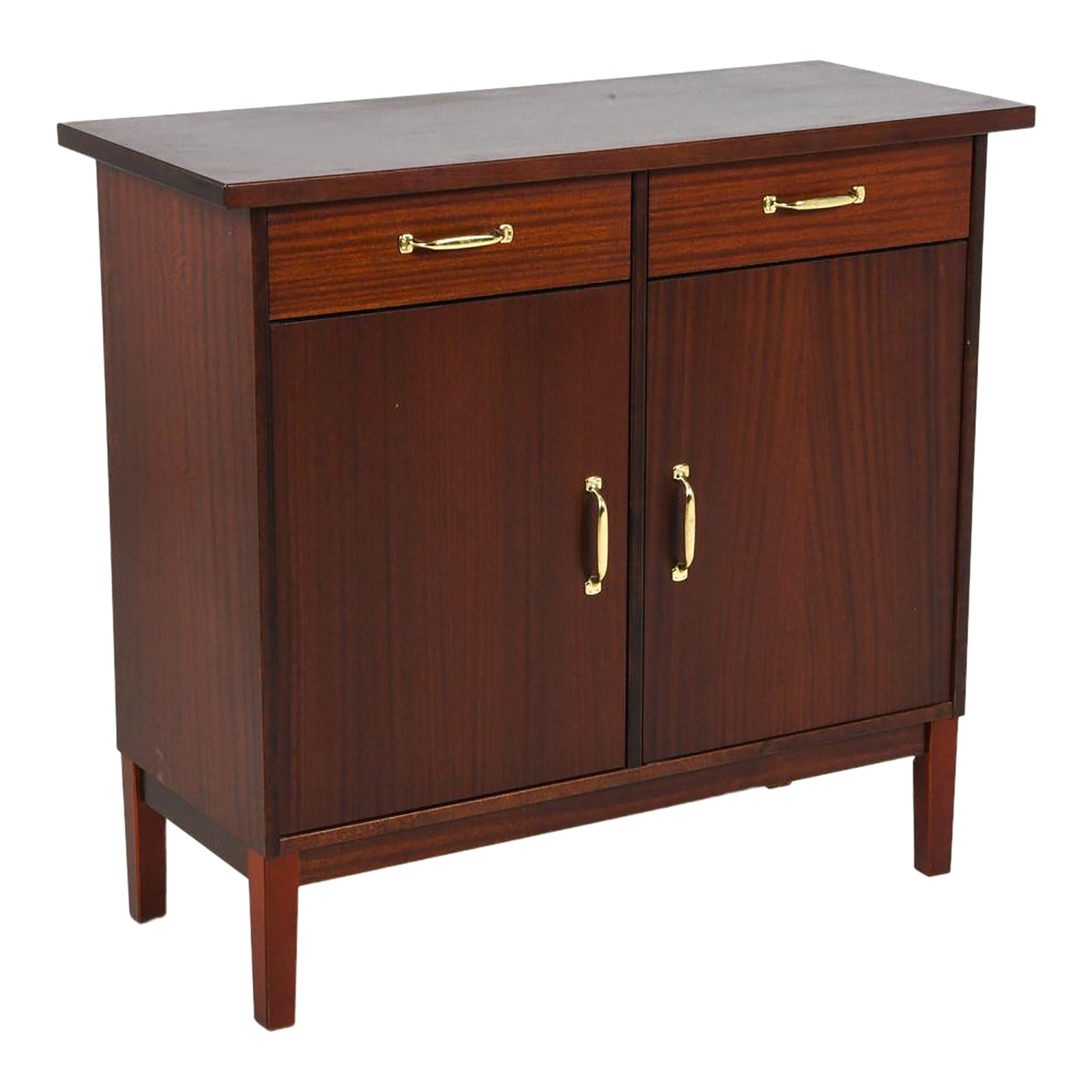 1980s Scandinavian Drybar Cabinet: This is a very solid piece which could be used as a sideboard, drybar cabinet, etc. It's made of mahogany with two cabinets with drawers (brass pulls). Scandinavian, c. 1980s. Dimensions: 35.5"H x