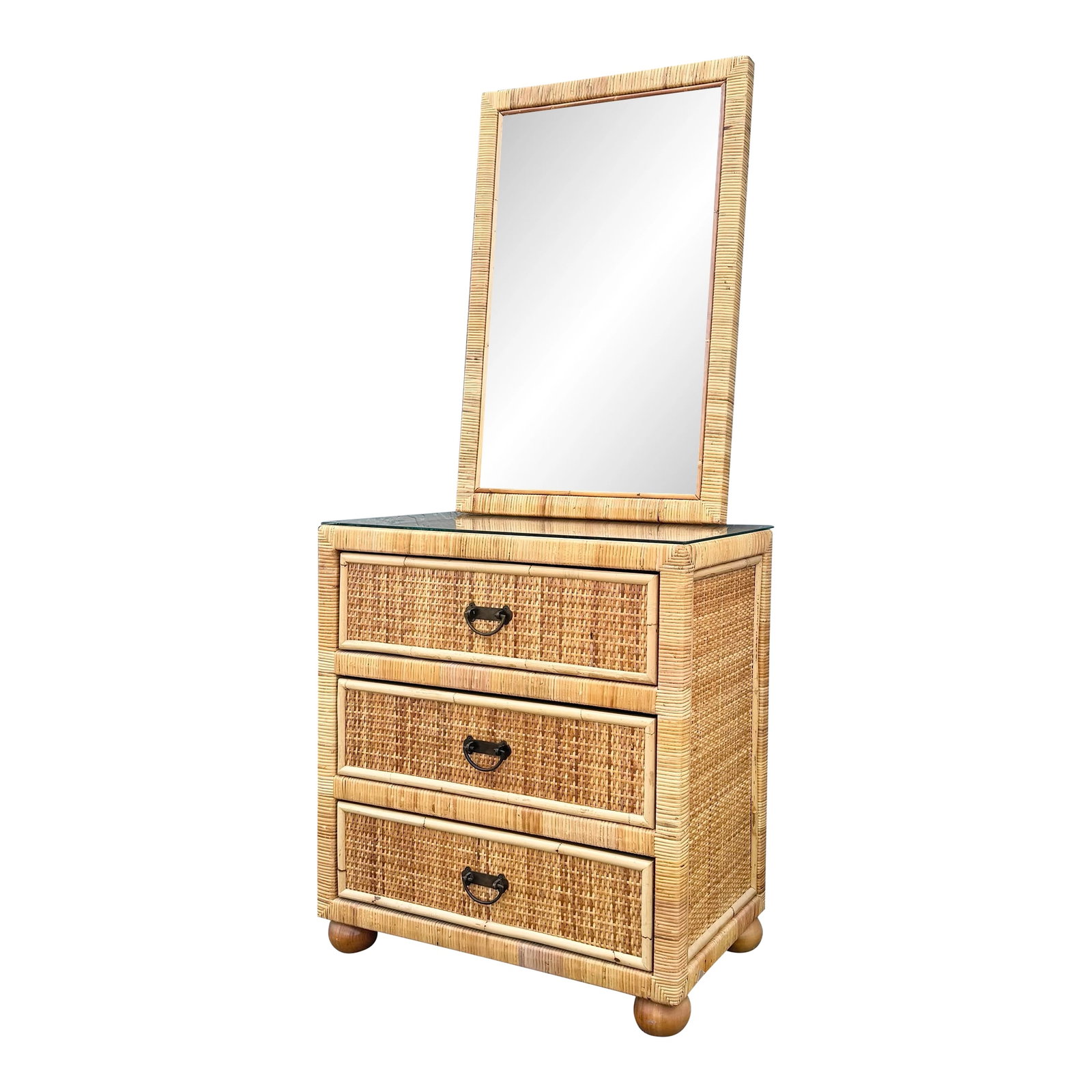 Boho Chic Wicker Wrapped Rattan Chest of Drawers With Mirror: Mirror: 24.25"w, 1.75"d, 36.25"h A charming boho chic chest of drawers that beautifully captures relaxed coastal sophistication through its rich blend of wicker, rattan, and natural textures. This