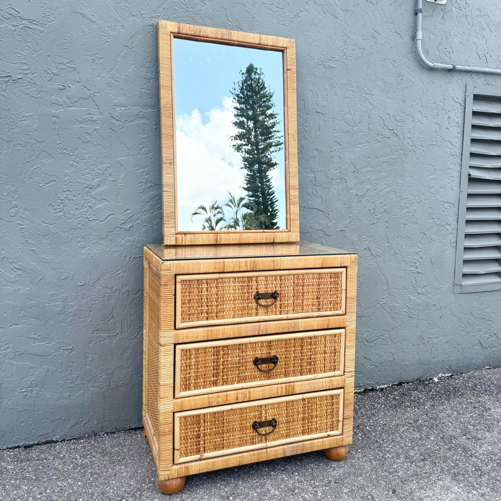 Boho Chic Wicker Wrapped Rattan Chest of Drawers With Mirror - 2