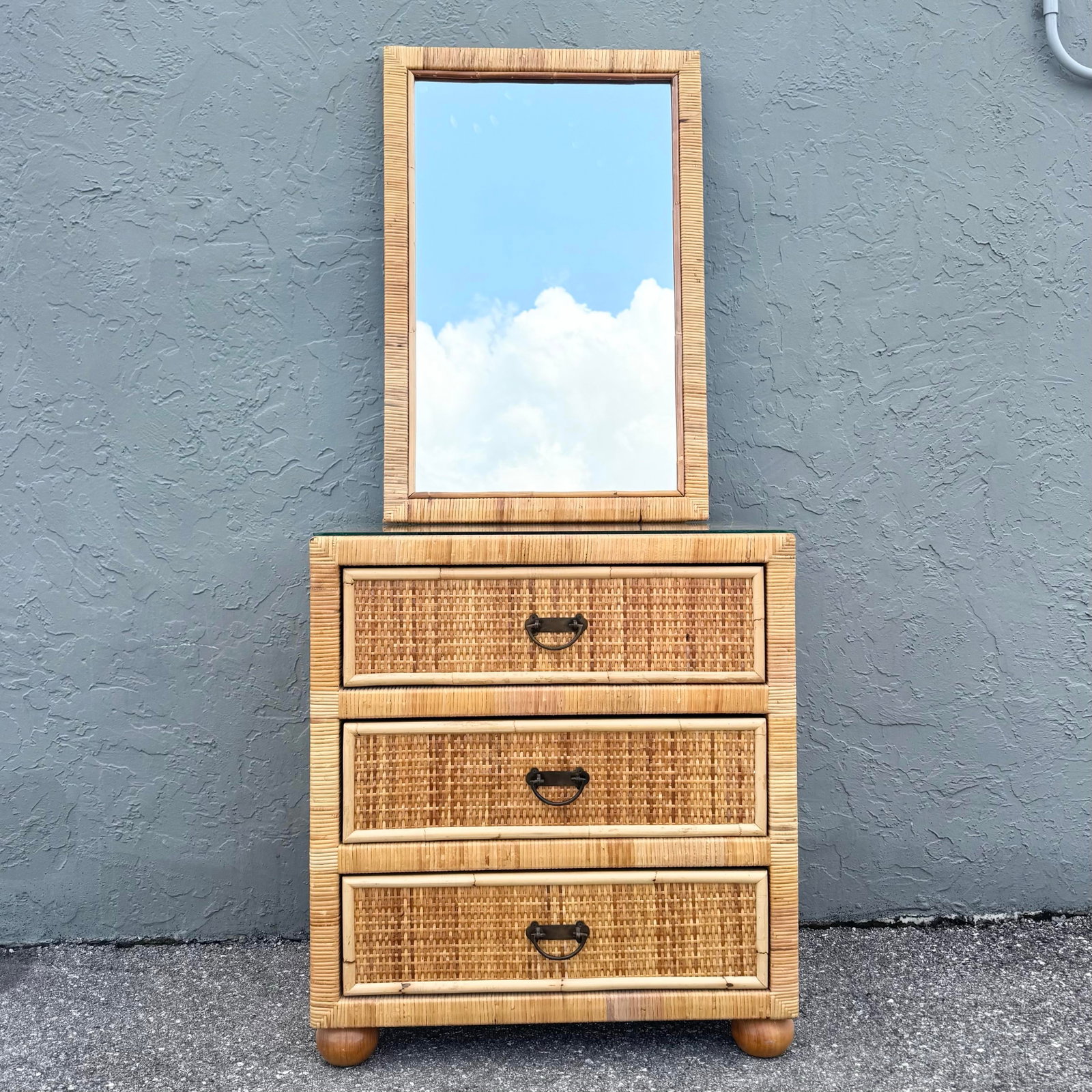 Boho Chic Wicker Wrapped Rattan Chest of Drawers With Mirror - 3
