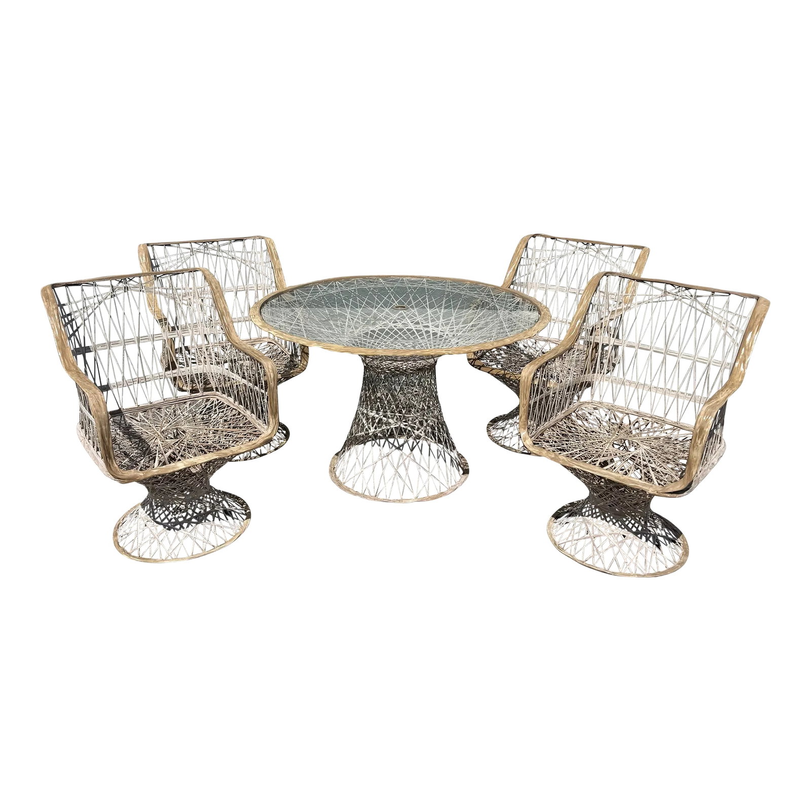 Mid Century Modern Spun Fiberglass Dining Set - 5 Pieces: Exceptional mid-century spun fiberglass dining set featuring four armchairs and a coordinating pedestal table. The sculptural lattice construction creates a striking interplay of light and shadow, whi