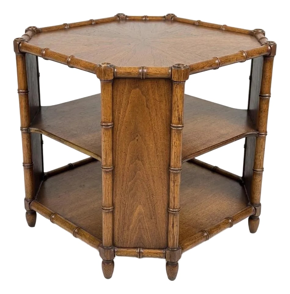Vintage Henredon Attributed Faux Bamboo Two Tiered Side Table: If you have been looking at your living space or bedside configuration and feeling like the layout lacks real visual depth and a warm, grounded texture, this vintage octagonal tiered table is your