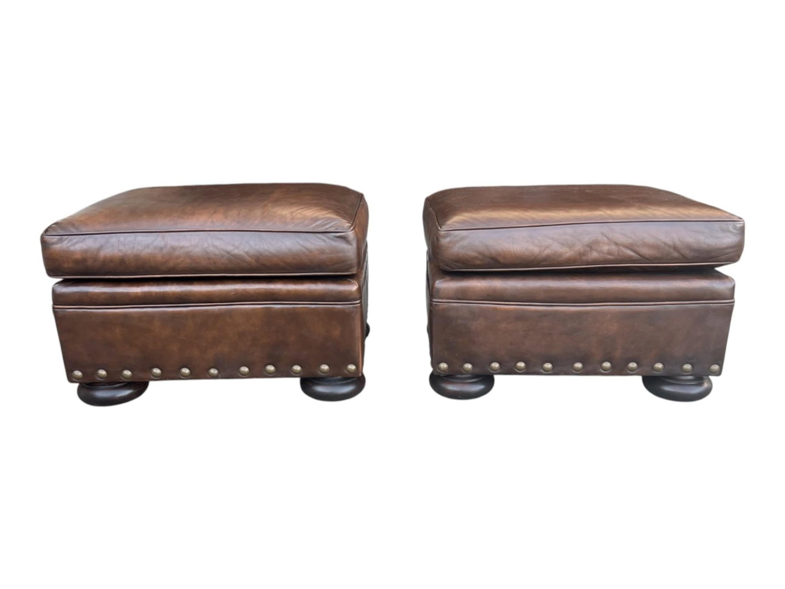 1960s Classic Pair of Brown Leather Ottomans With Brass Nailhead Trim - 12